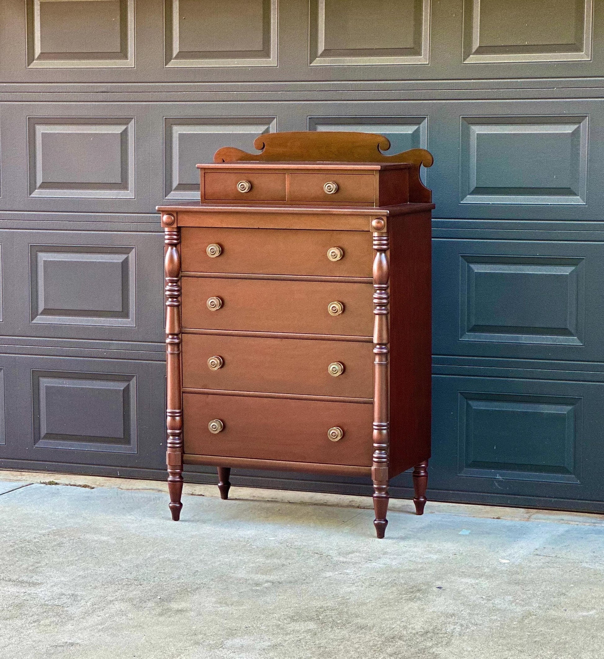 Vintage Early 20th Century Mahogany Six Drawer Solid Wood Scroll Gallery Colonial Tallboy Dresser 36" Wide