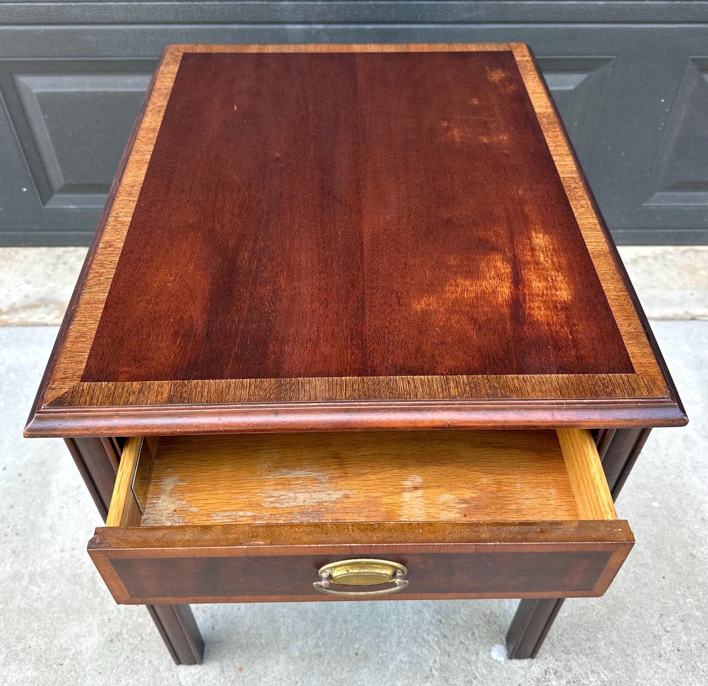 Vintage Mid 20th Century Traditional Banded Mahogany Single Drawer Lamp End Table 21.25" Wide