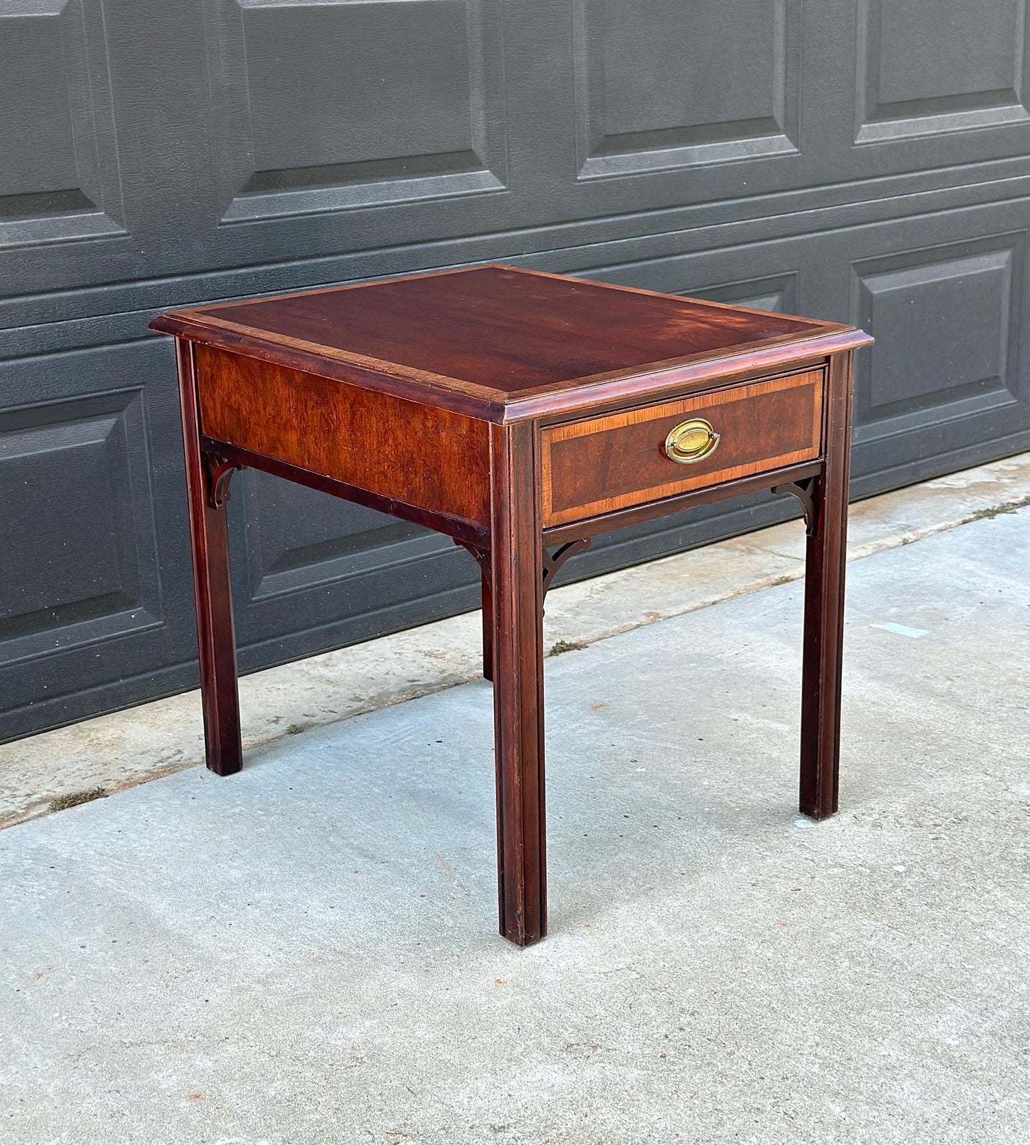 Vintage Mid 20th Century Traditional Banded Mahogany Single Drawer Lamp End Table 21.25" Wide