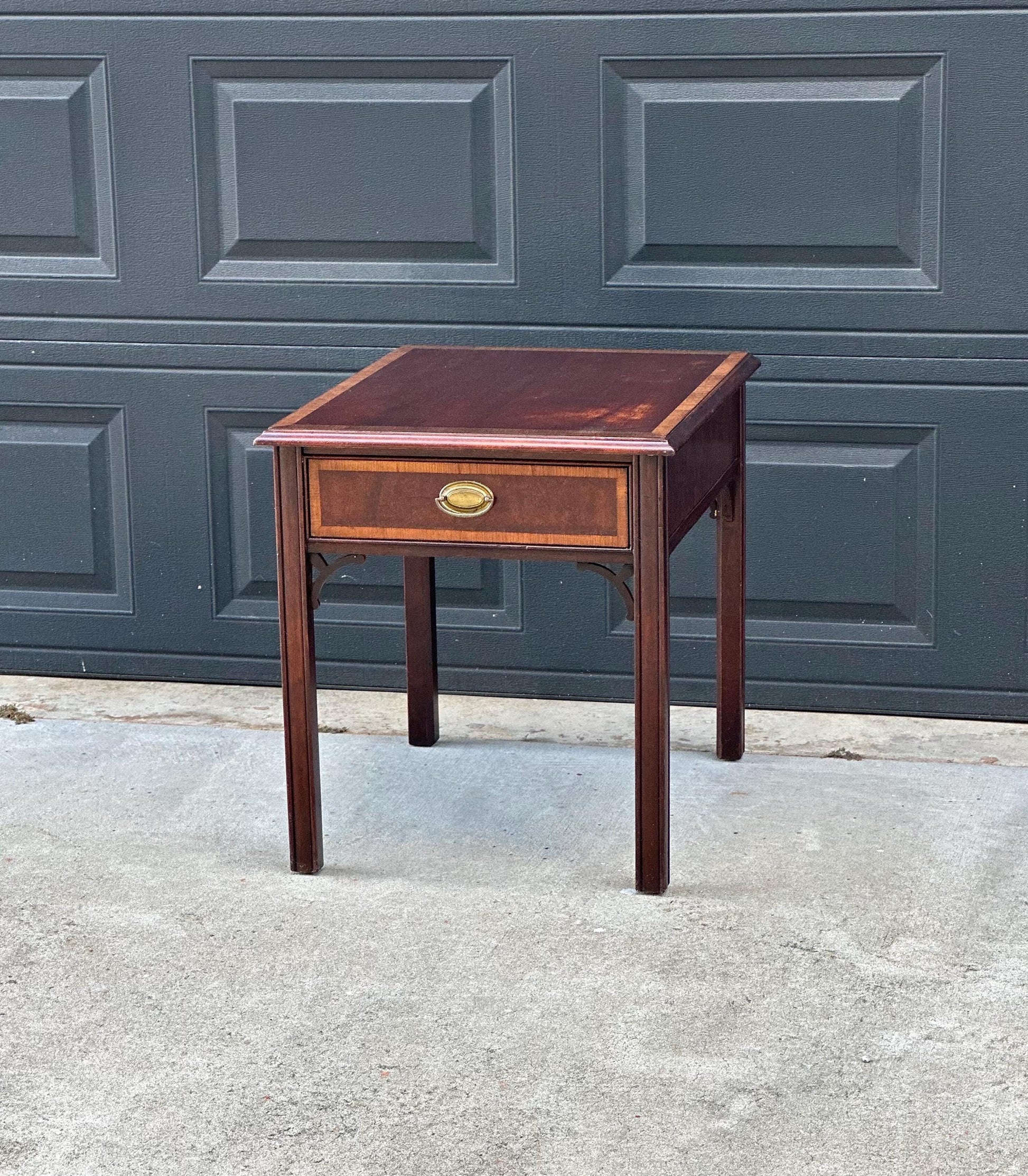 Vintage Mid 20th Century Traditional Banded Mahogany Single Drawer Lamp End Table 21.25" Wide