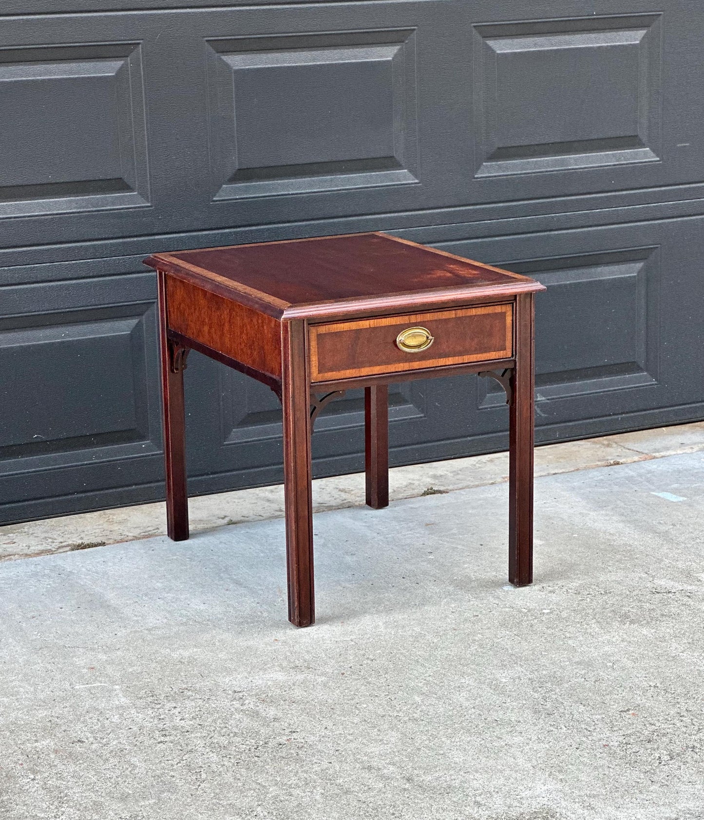 Vintage Mid 20th Century Traditional Banded Mahogany Single Drawer Lamp End Table 21.25" Wide