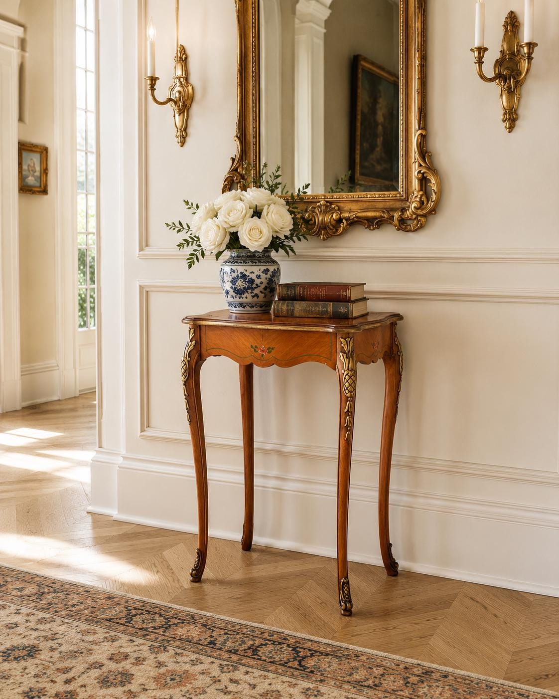 Antique Early 20th Century Hand Painted Floral French Louis XV Cherry Side Table 16" Wide