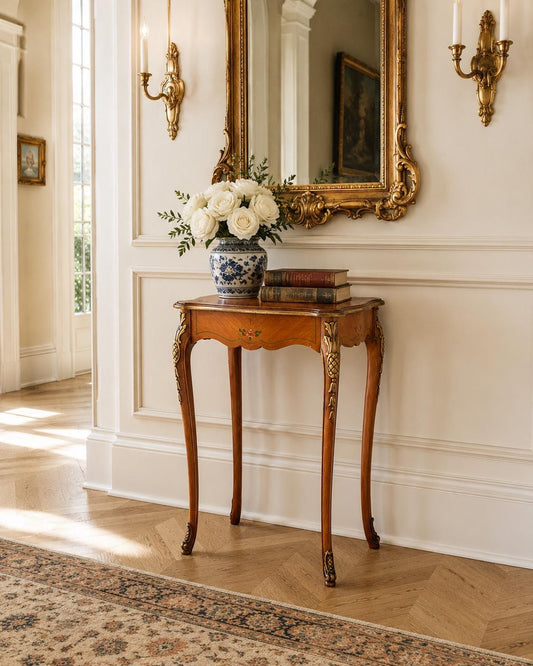 Antique Early 20th Century Hand Painted Floral French Louis XV Cherry Side Table 16" Wide