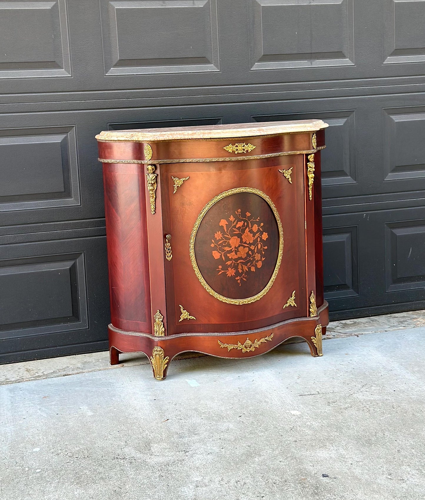 Antique Early 20th Century French Louis XV Mahogany Marble Top Cabinet with Ormolu Mounts & Floral Marquetry