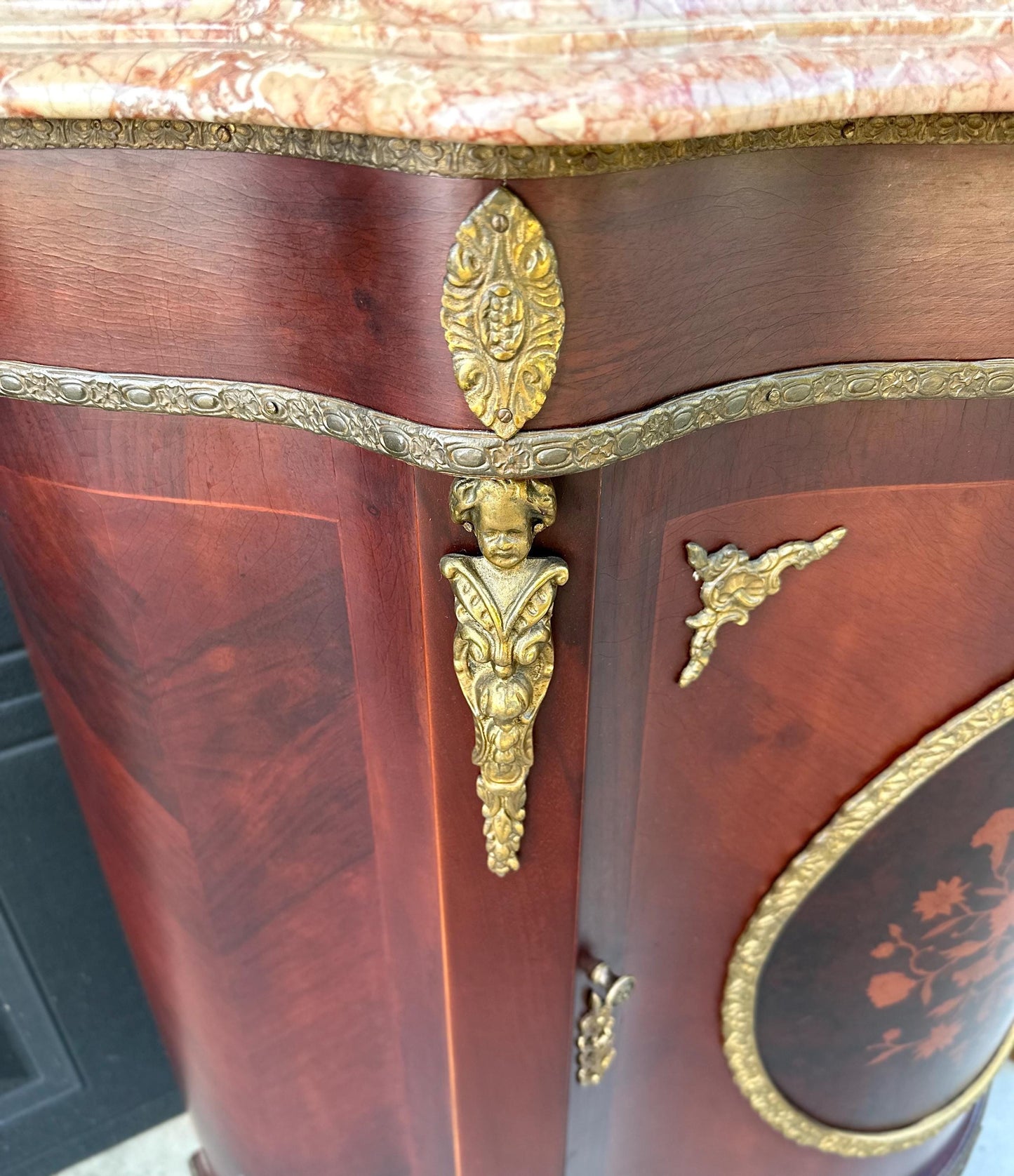 Antique Early 20th Century French Louis XV Mahogany Marble Top Cabinet with Ormolu Mounts & Floral Marquetry