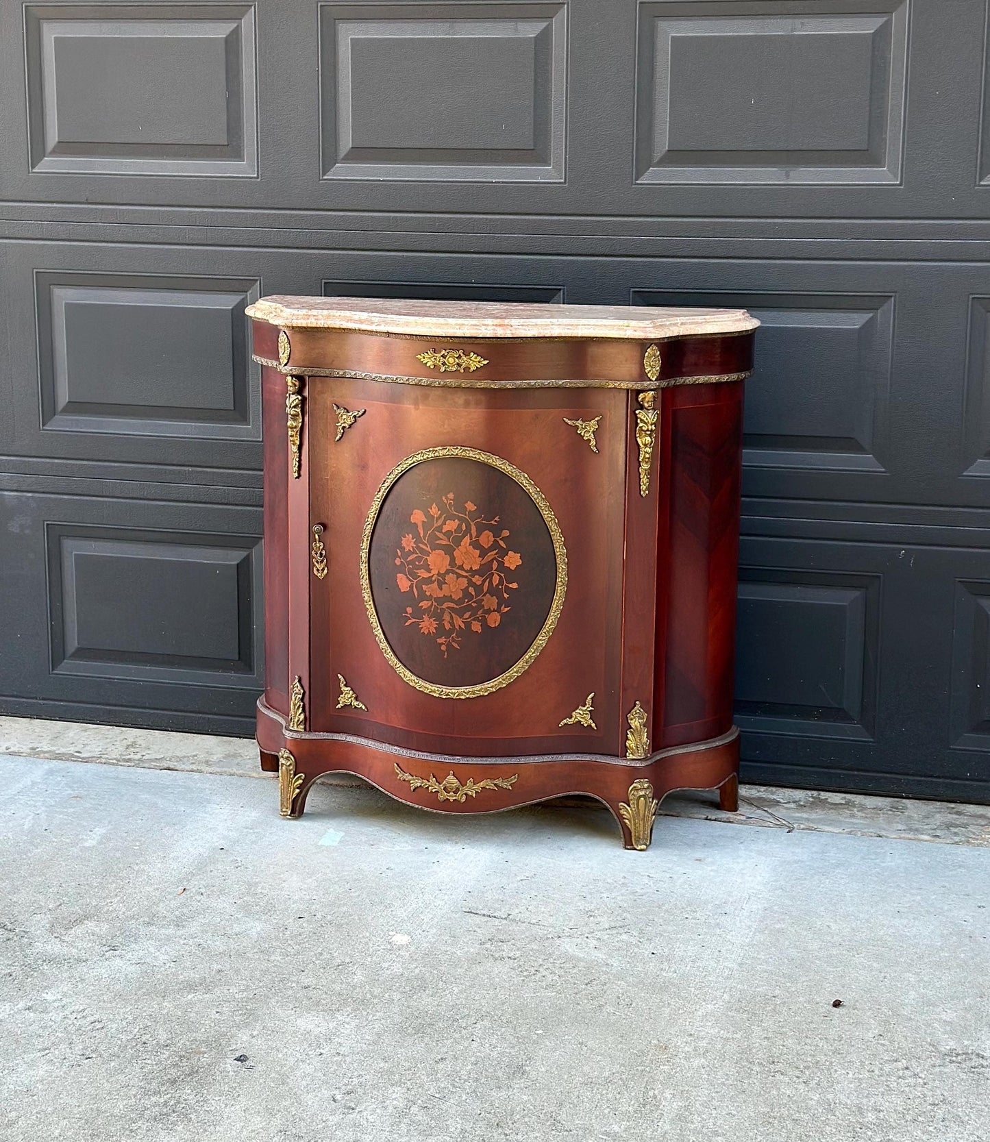 Antique Early 20th Century French Louis XV Mahogany Marble Top Cabinet with Ormolu Mounts & Floral Marquetry
