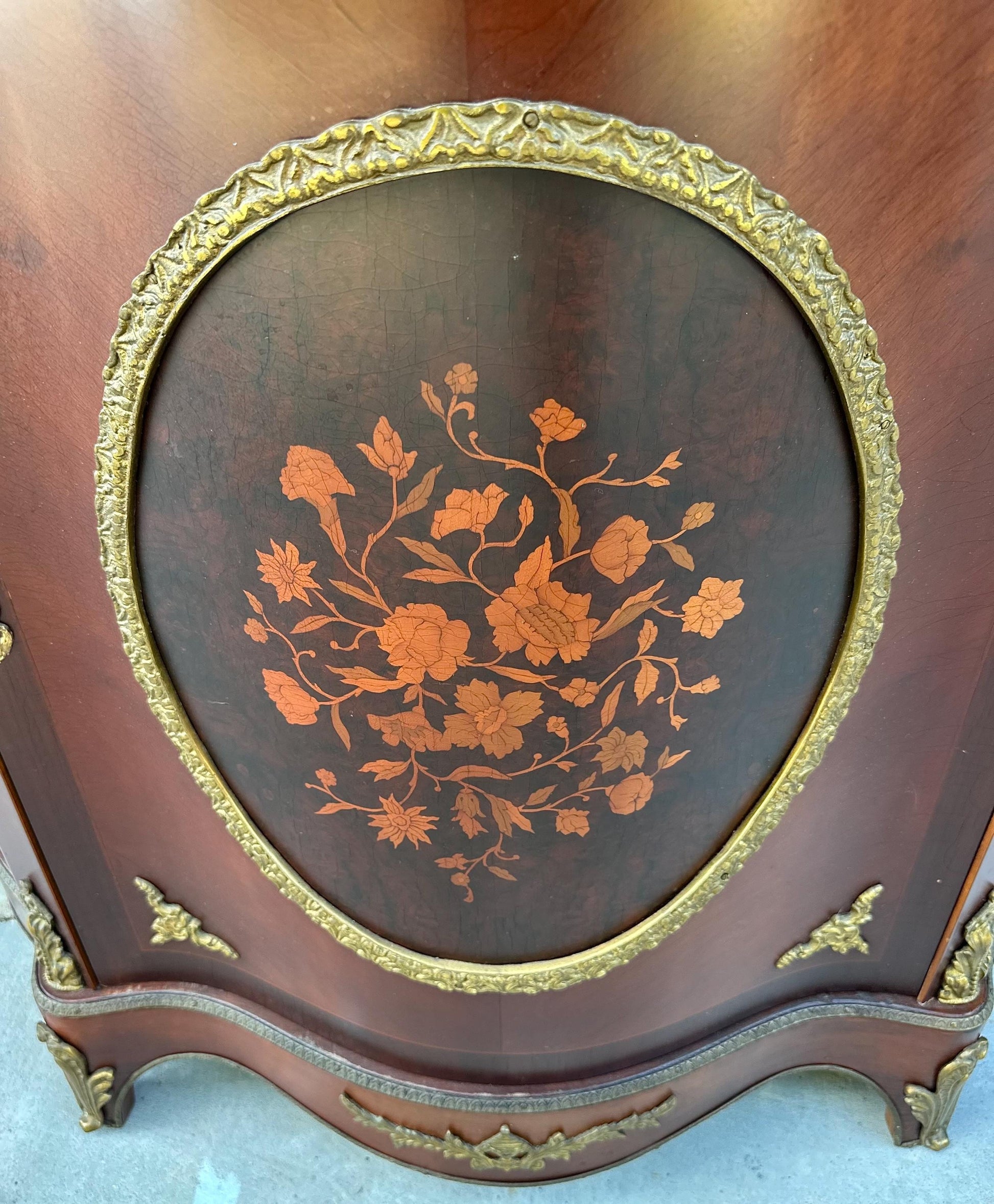 Antique Early 20th Century French Louis XV Mahogany Marble Top Cabinet with Ormolu Mounts & Floral Marquetry