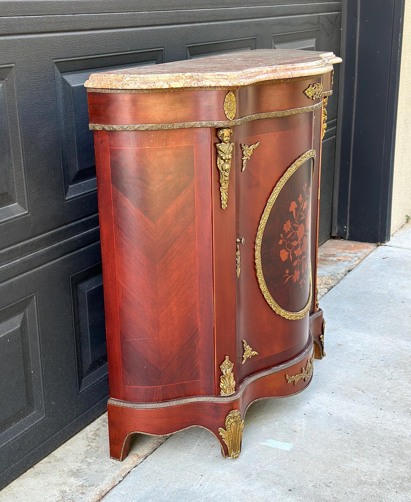 Antique Early 20th Century French Louis XV Mahogany Marble Top Cabinet with Ormolu Mounts & Floral Marquetry