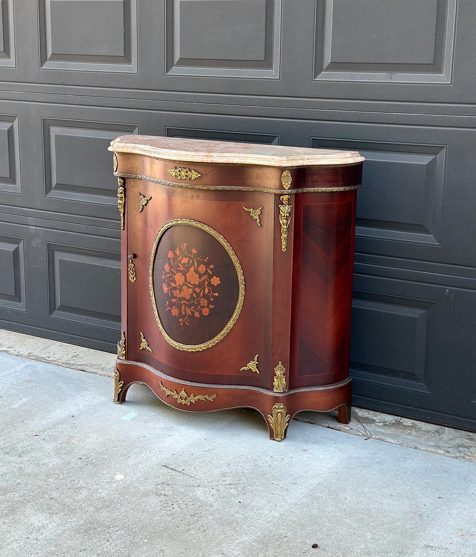 Antique Early 20th Century French Louis XV Mahogany Marble Top Cabinet with Ormolu Mounts & Floral Marquetry