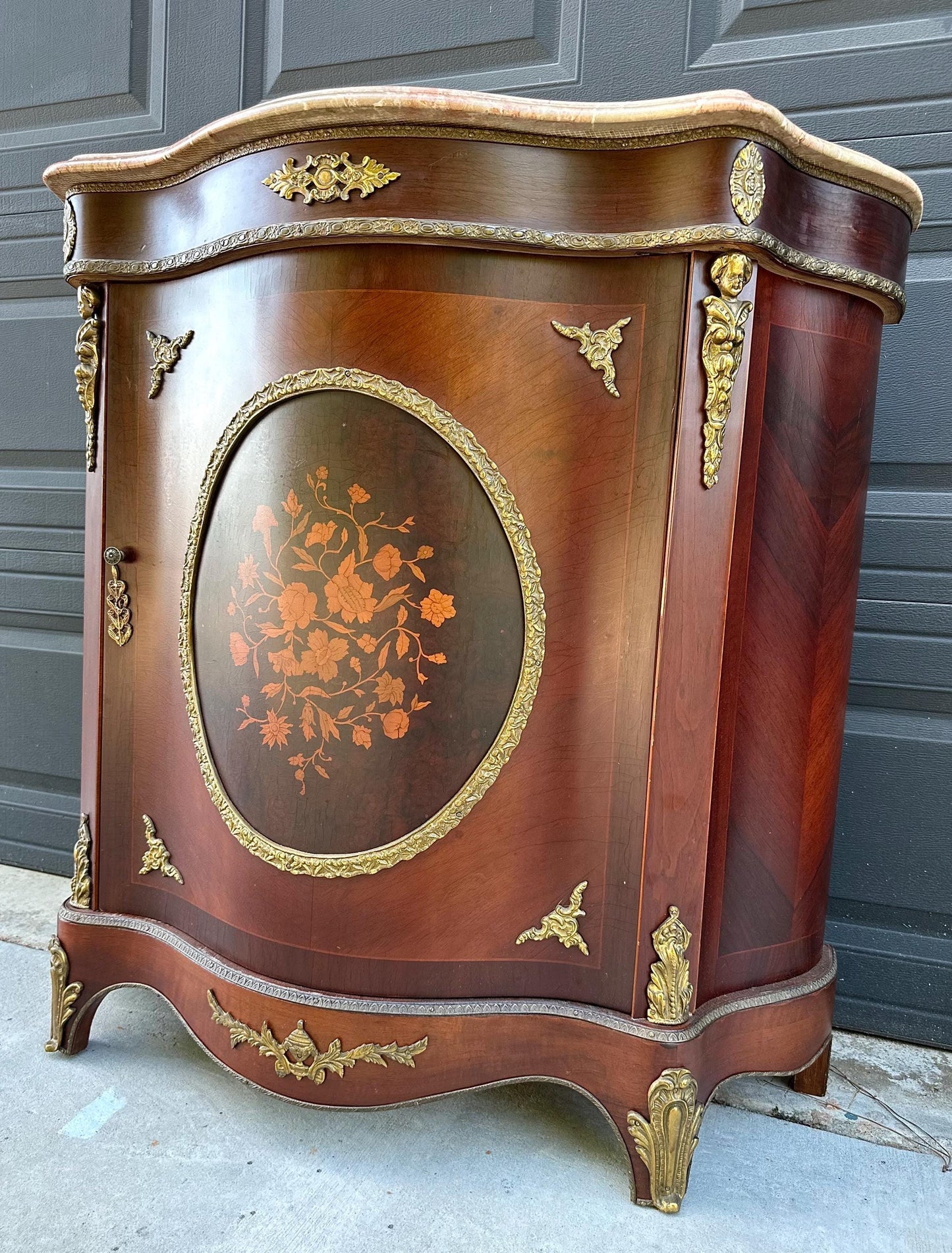 Antique Early 20th Century French Louis XV Mahogany Marble Top Cabinet with Ormolu Mounts & Floral Marquetry