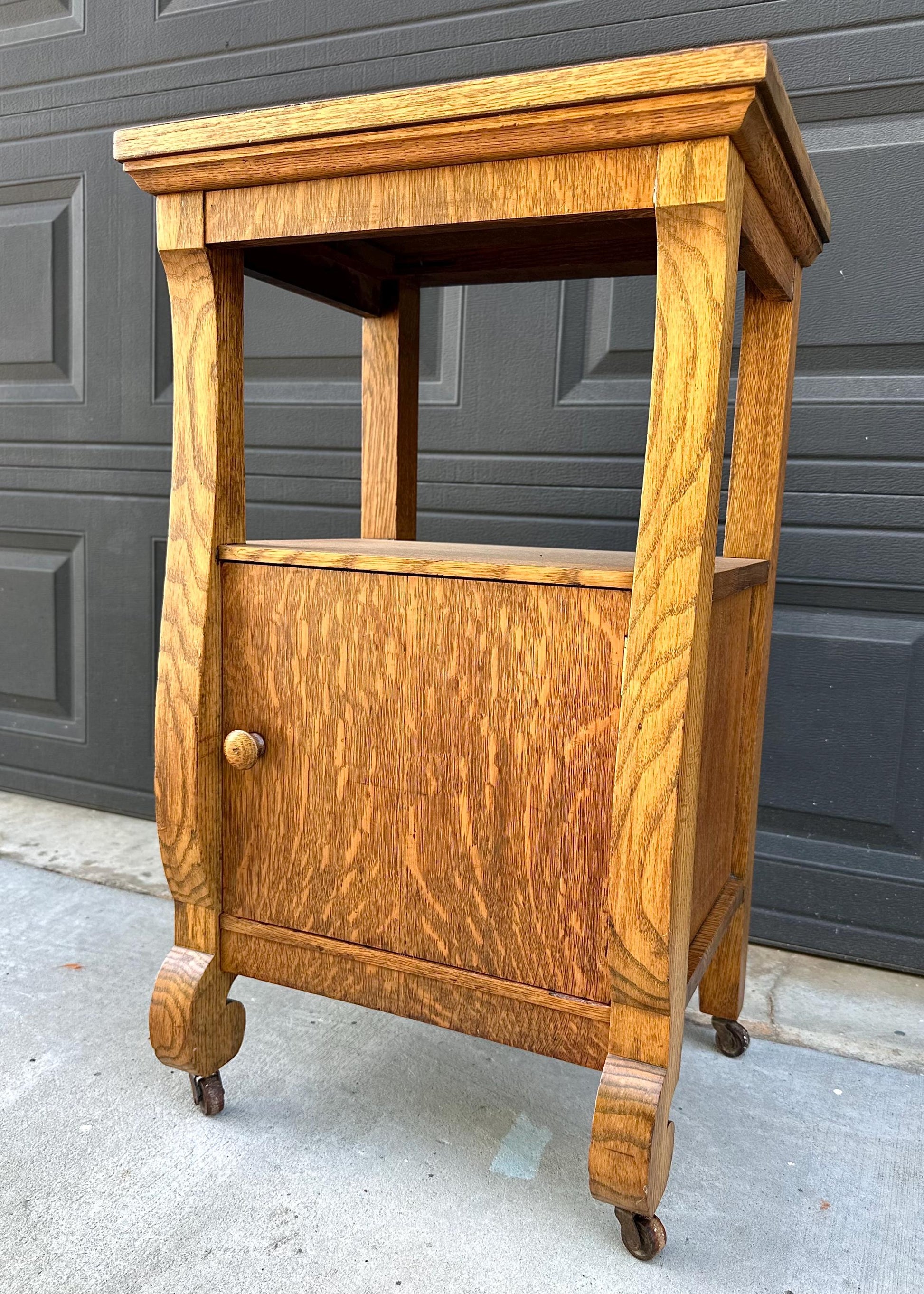 Antique Early 20th C Quarter Sawn Oak Wood Open Shelf Accent Cabinet on Casters 18" Wide