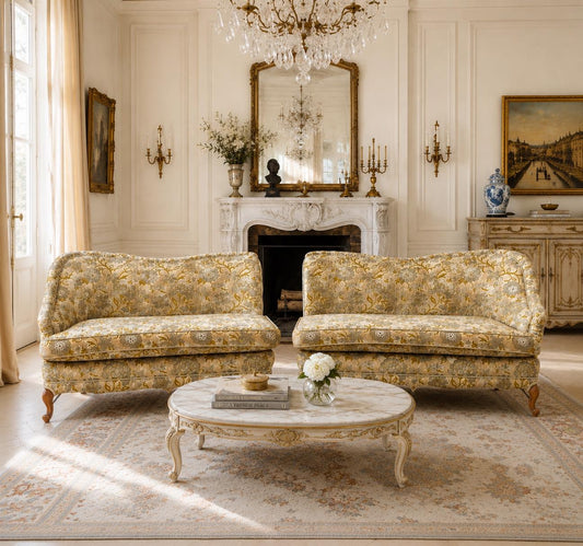 Vintage Mid 20th Century Serpentine Back Gold & Blue Velvet Victorian Settees 48" Wide - a Pair