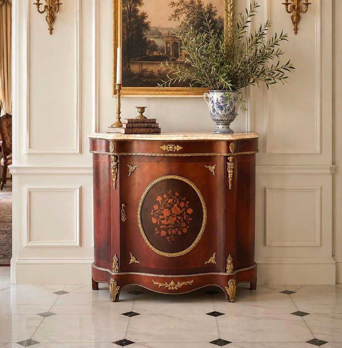 Antique Early 20th Century French Louis XV Mahogany Marble Top Cabinet with Ormolu Mounts & Floral Marquetry