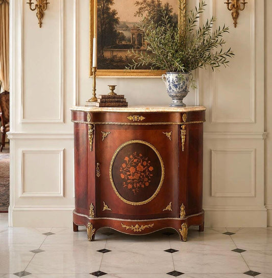 Antique Early 20th Century French Louis XV Mahogany Marble Top Cabinet with Ormolu Mounts & Floral Marquetry