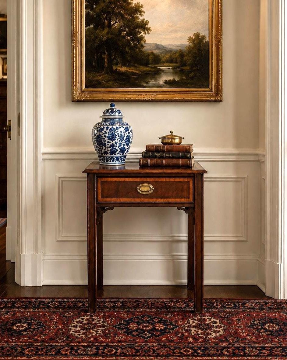 Vintage Mid 20th Century Traditional Banded Mahogany Single Drawer Lamp End Table 21.25" Wide