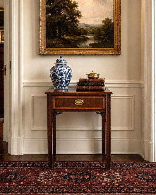 Vintage Mid 20th Century Traditional Banded Mahogany Single Drawer Lamp End Table 21.25" Wide