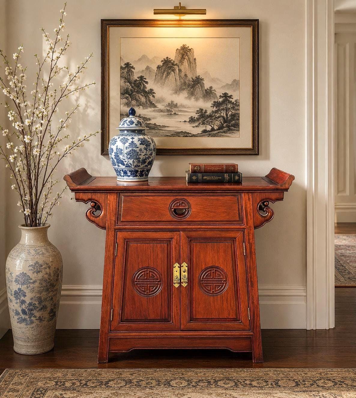 Vintage Mid 20th Century Traditional Chinese Ming Solid Rosewood Narrow Console Cabinet 36" Wide