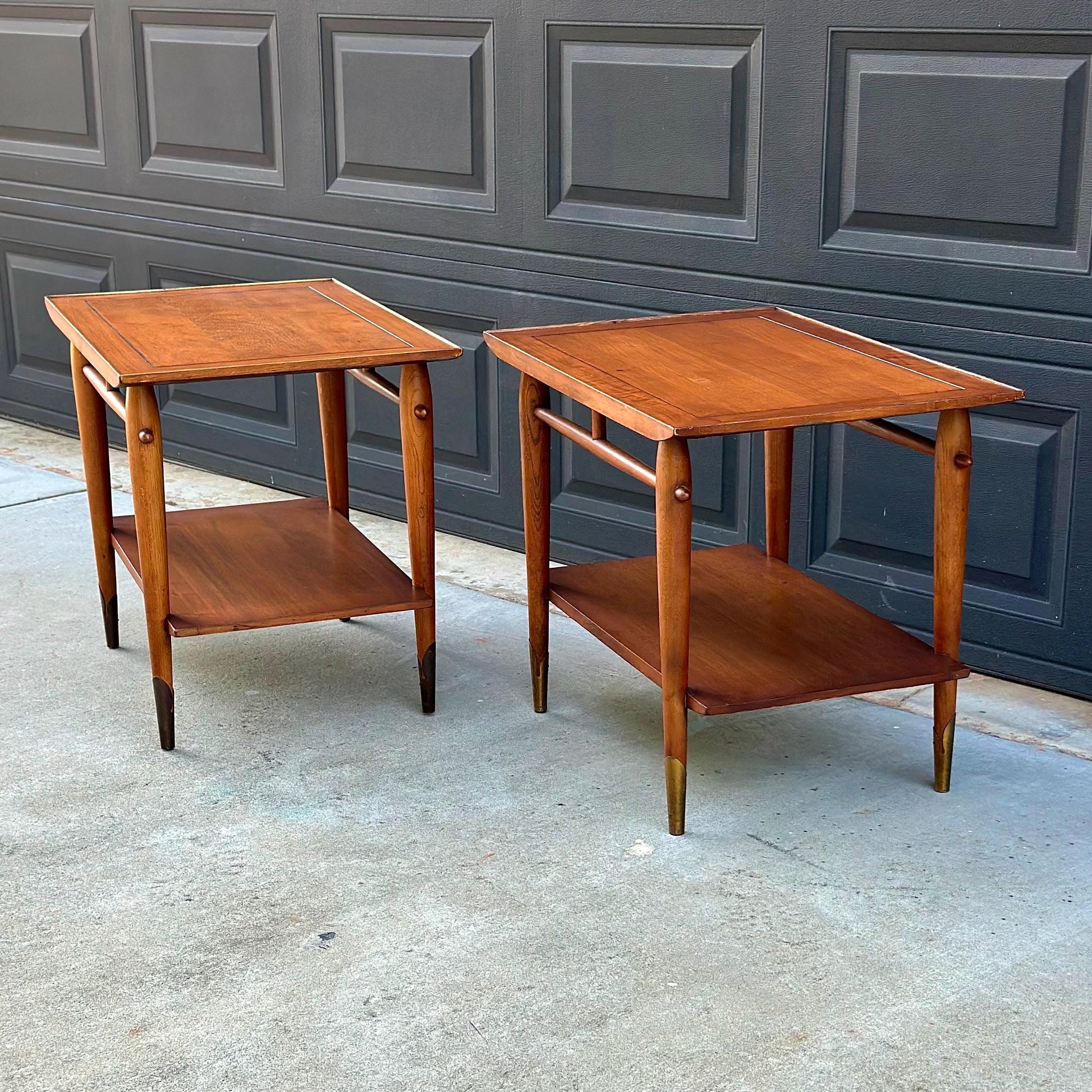Vintage Mid 20th Century Mid Mod Walnut Side Tables with Brass Ferrules - a Pair