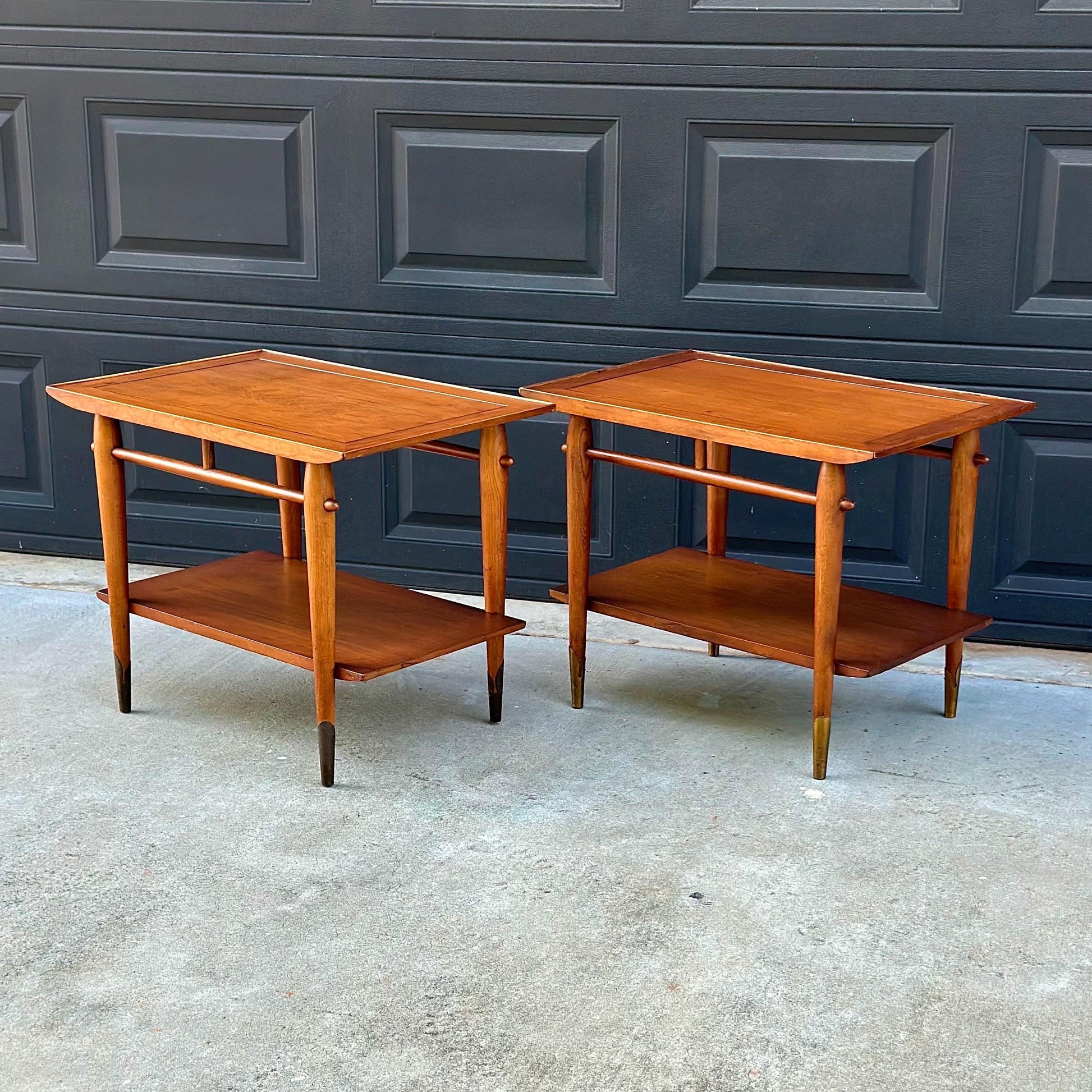 Vintage Mid 20th Century Mid Mod Walnut Side Tables with Brass Ferrules - a Pair