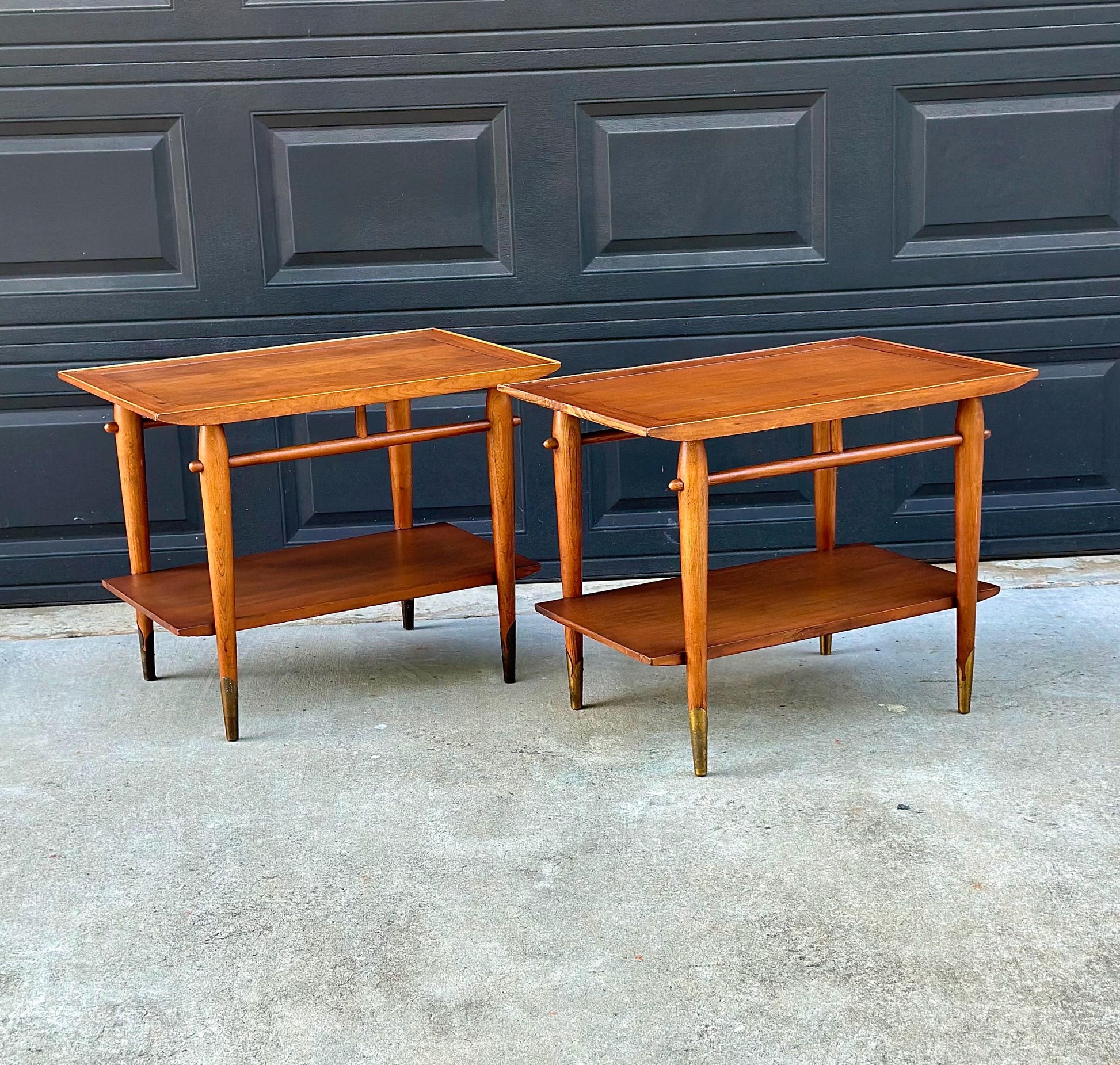 Vintage Mid 20th Century Mid Mod Walnut Side Tables with Brass Ferrules - a Pair