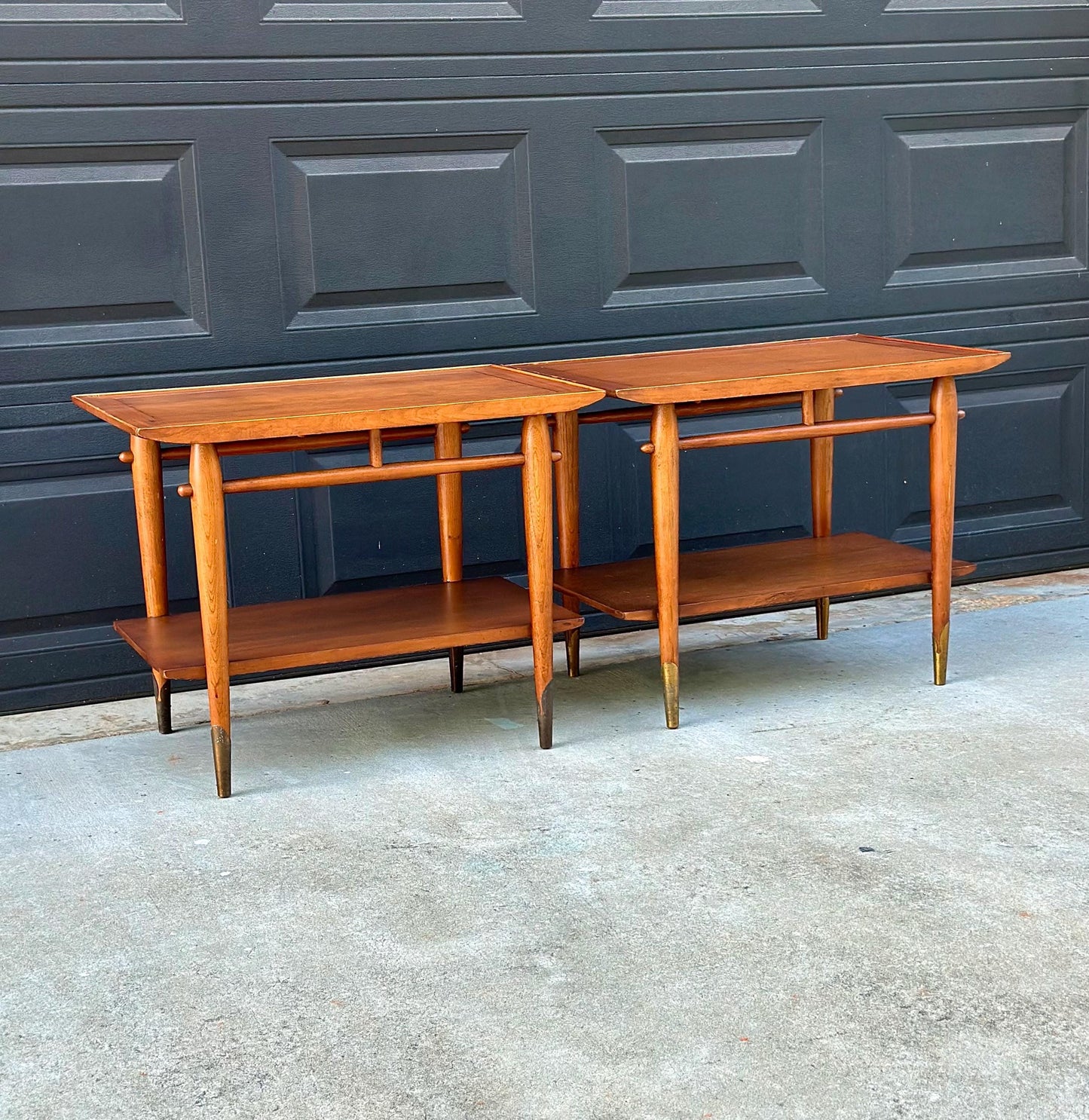 Vintage Mid 20th Century Mid Mod Walnut Side Tables with Brass Ferrules - a Pair