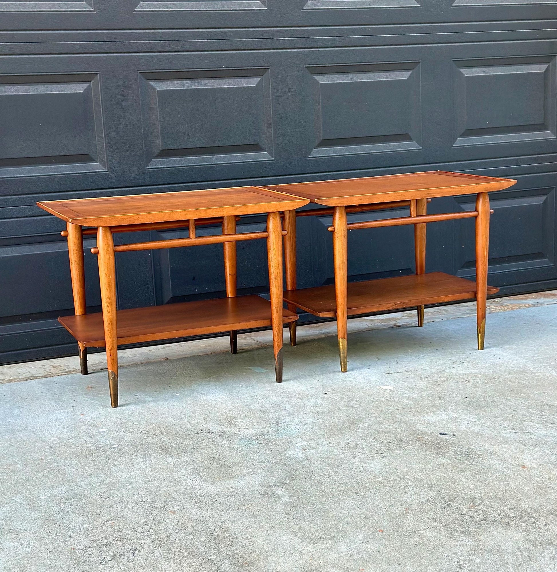 Vintage Mid 20th Century Mid Mod Walnut Side Tables with Brass Ferrules - a Pair