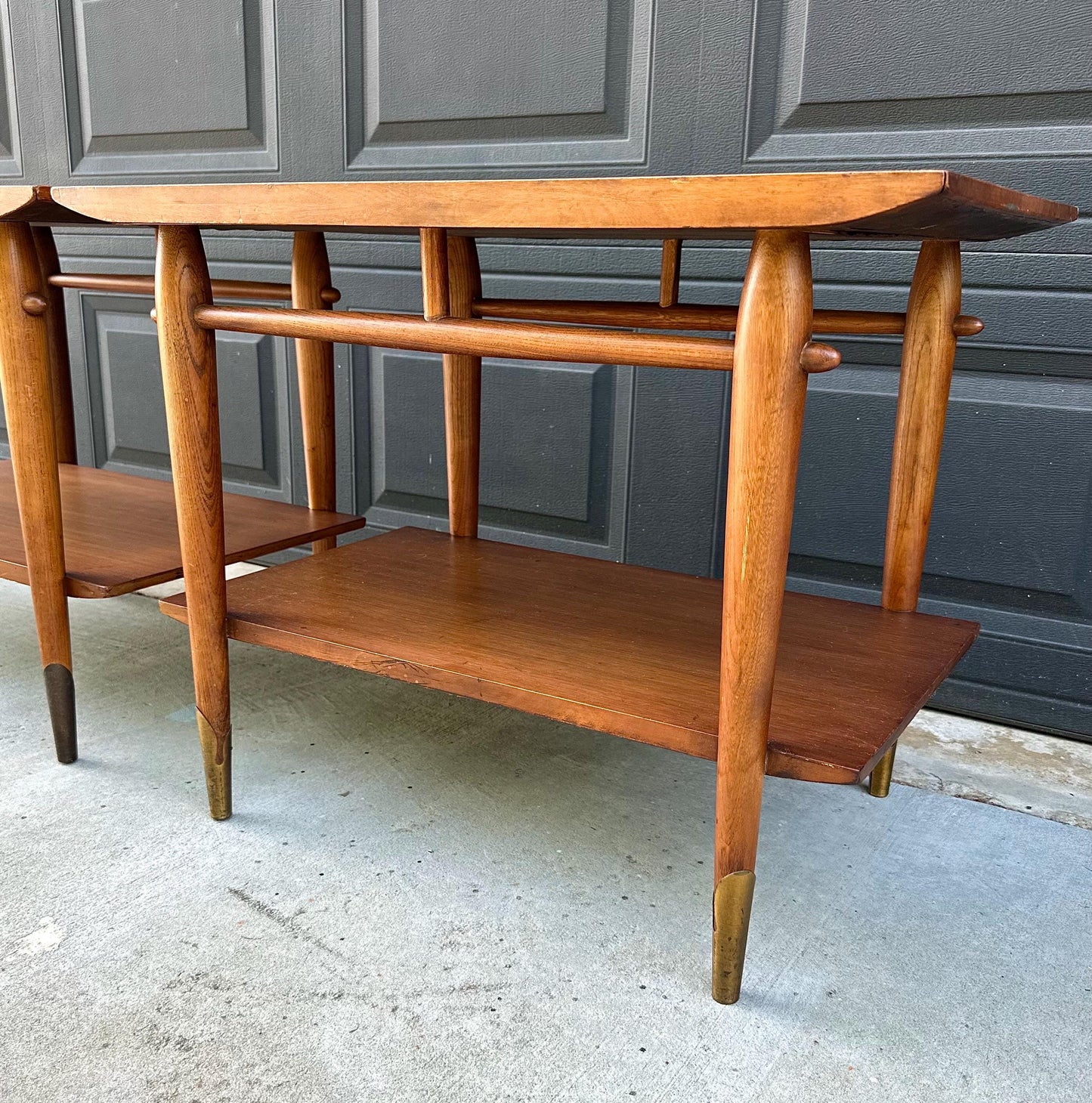 Vintage Mid 20th Century Mid Mod Walnut Side Tables with Brass Ferrules - a Pair