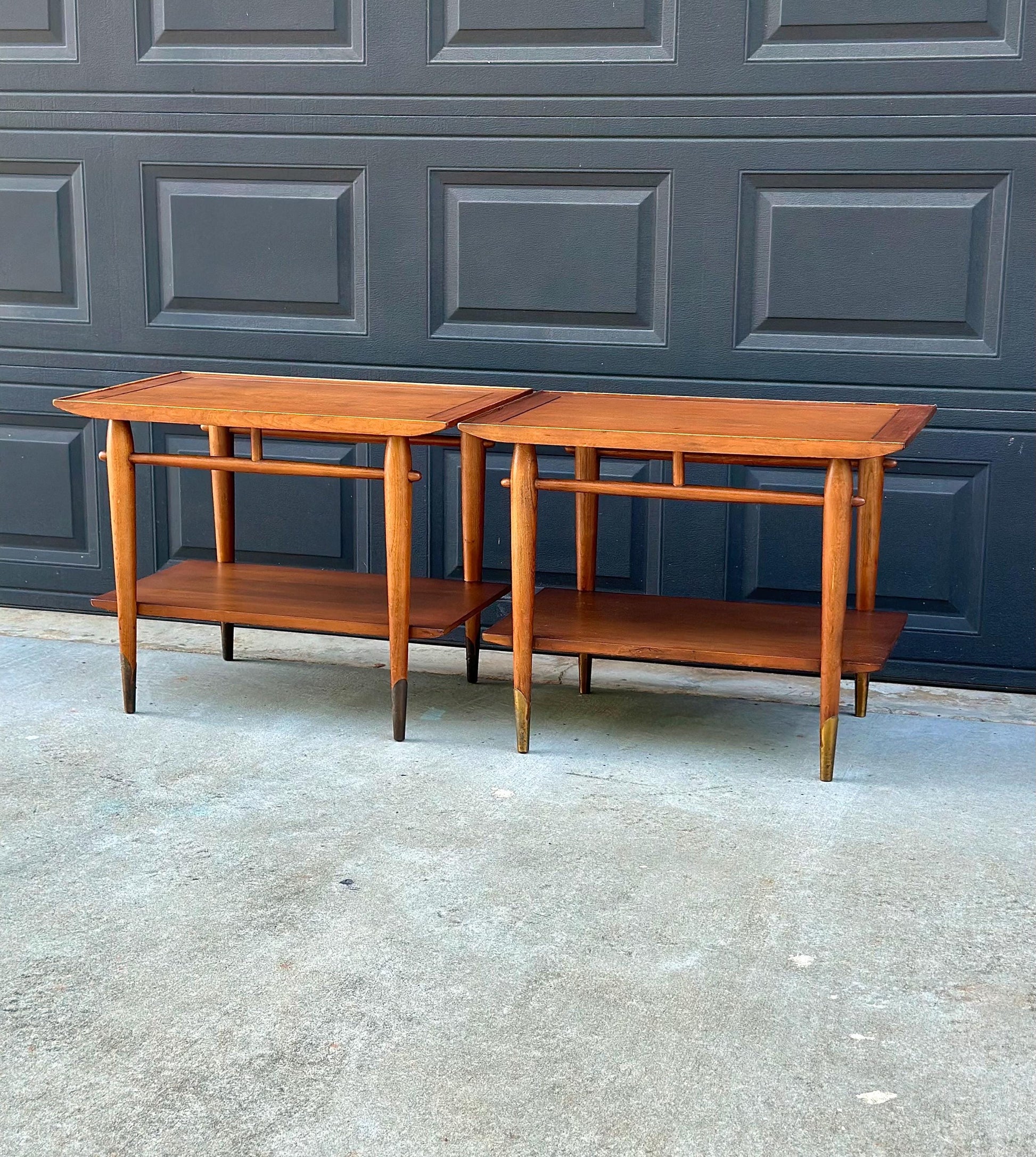 Vintage Mid 20th Century Mid Mod Walnut Side Tables with Brass Ferrules - a Pair