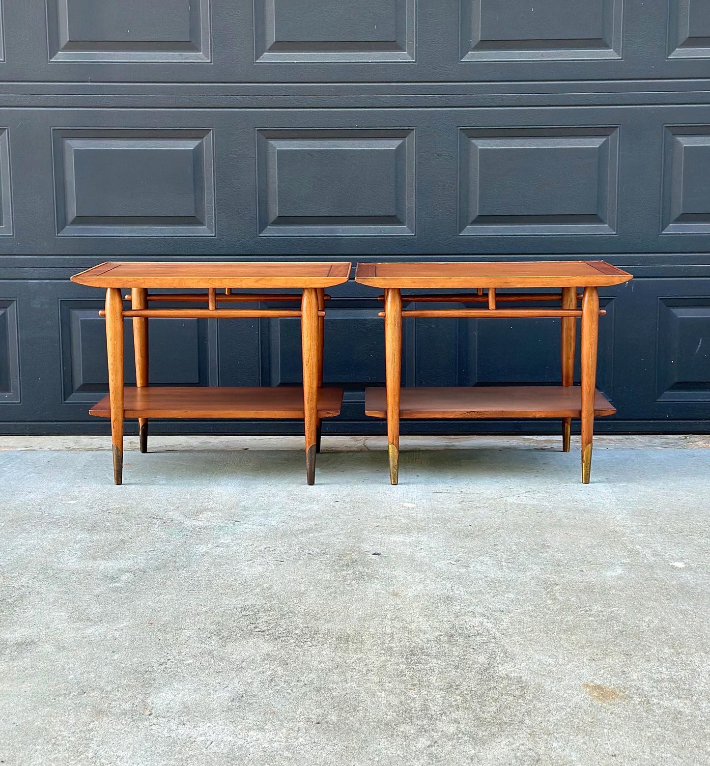 Vintage Mid 20th Century Mid Mod Walnut Side Tables with Brass Ferrules - a Pair