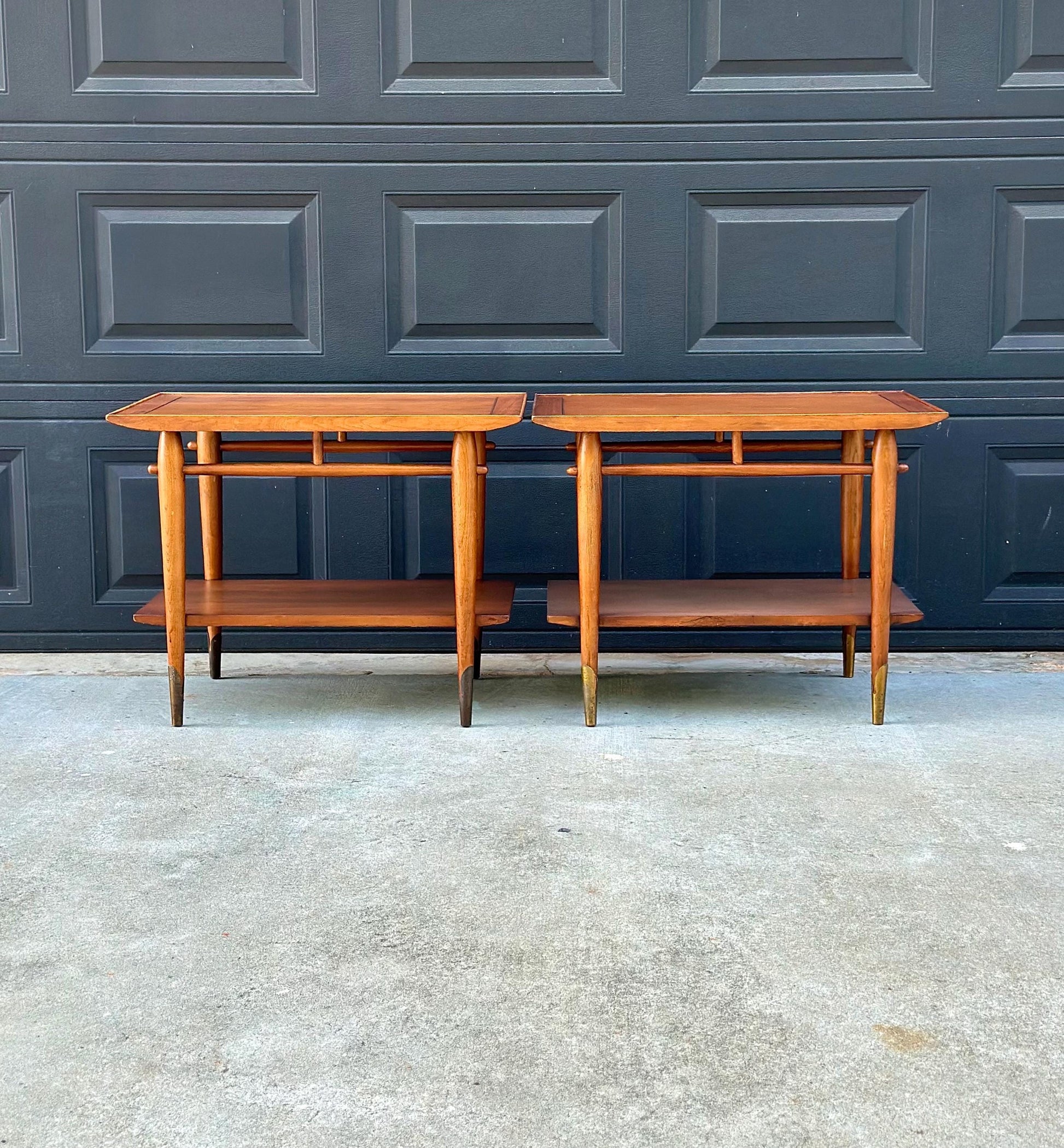 Vintage Mid 20th Century Mid Mod Walnut Side Tables with Brass Ferrules - a Pair