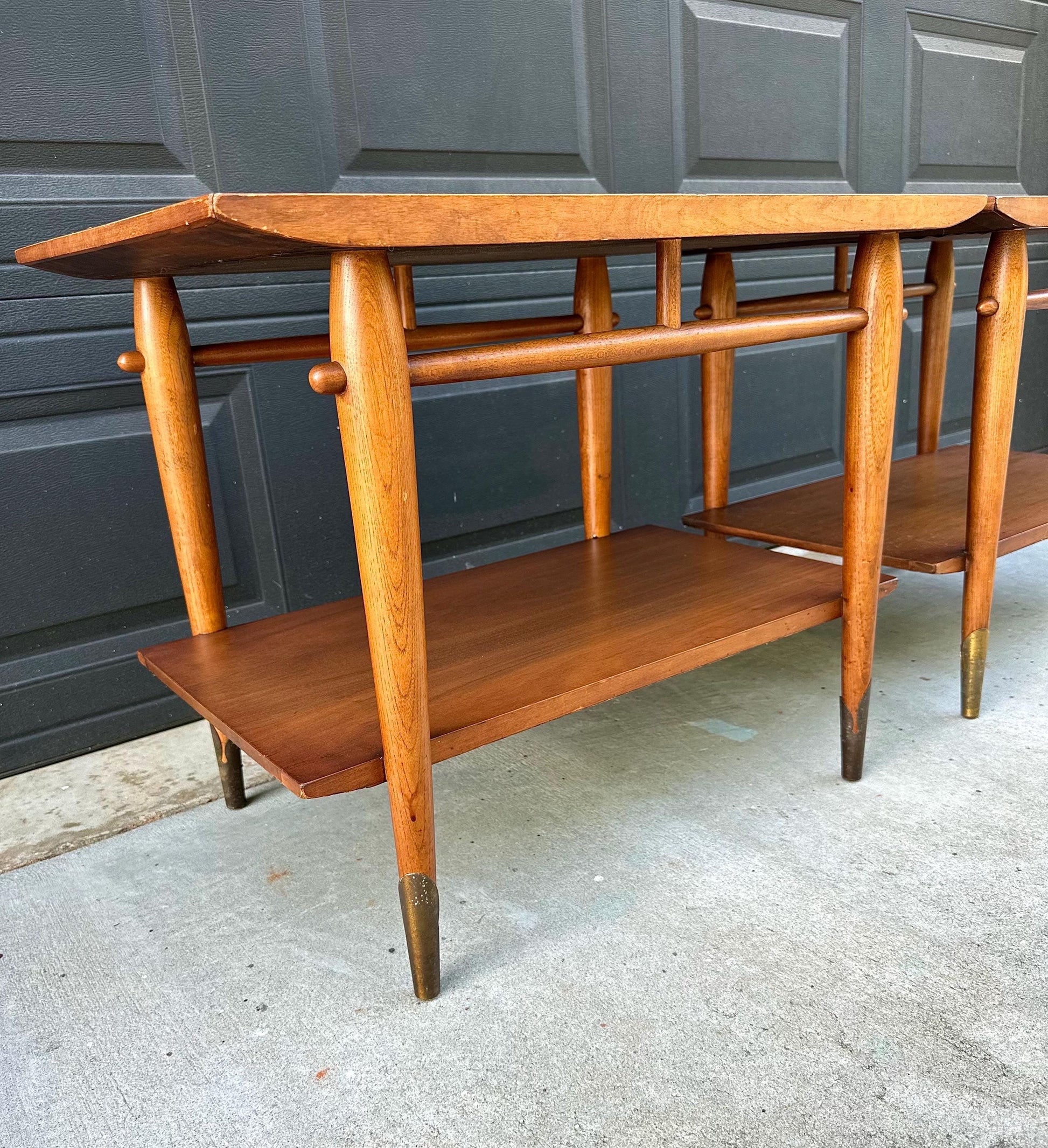 Vintage Mid 20th Century Mid Mod Walnut Side Tables with Brass Ferrules - a Pair