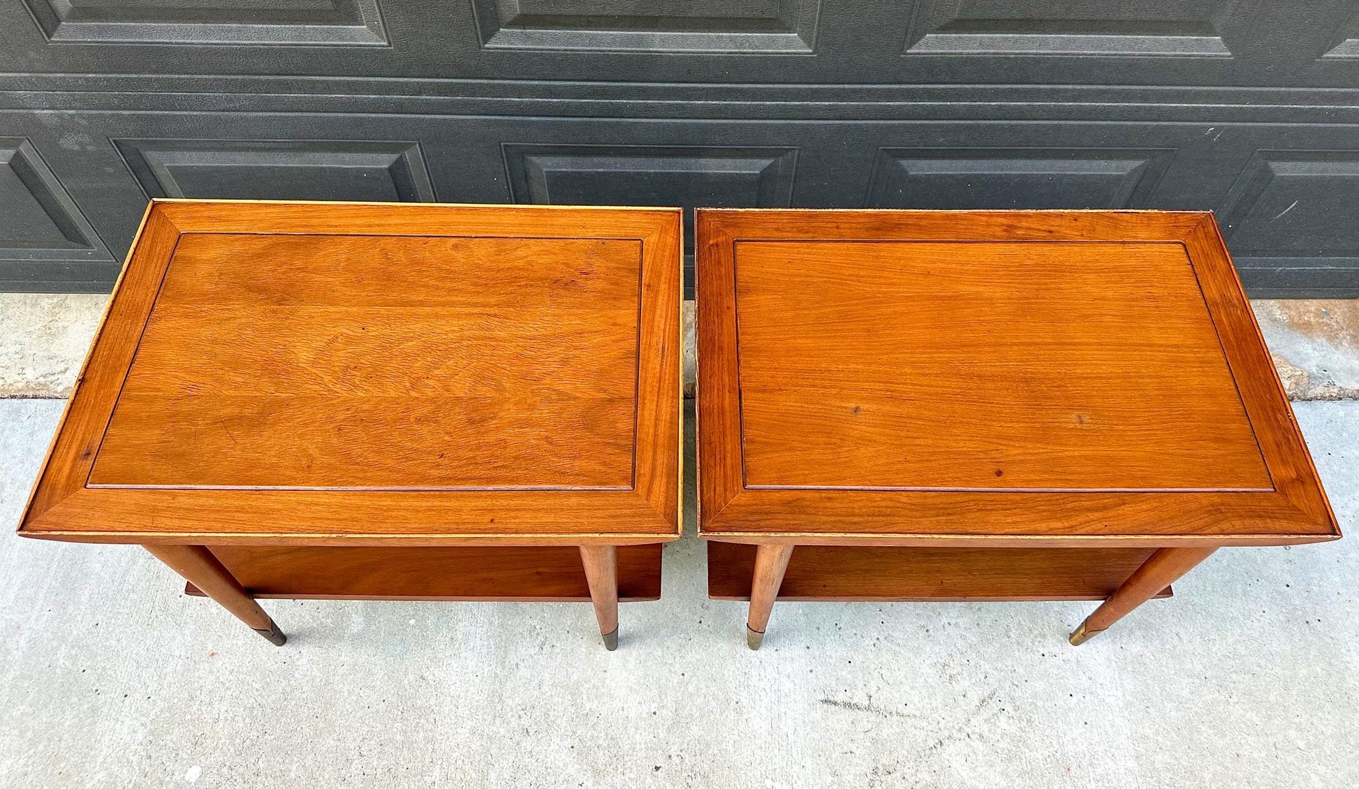 Vintage Mid 20th Century Mid Mod Walnut Side Tables with Brass Ferrules - a Pair