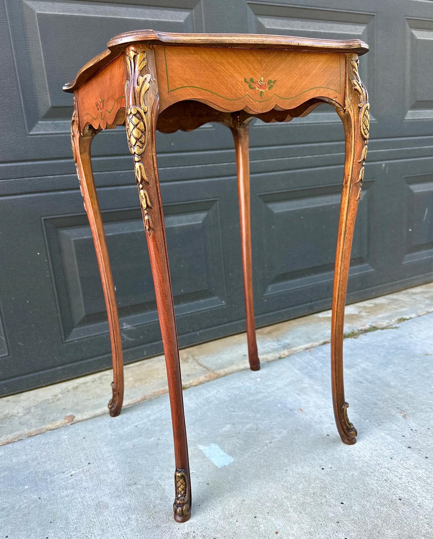 Antique Early 20th Century Hand Painted Floral French Louis XV Cherry Side Table 16" Wide