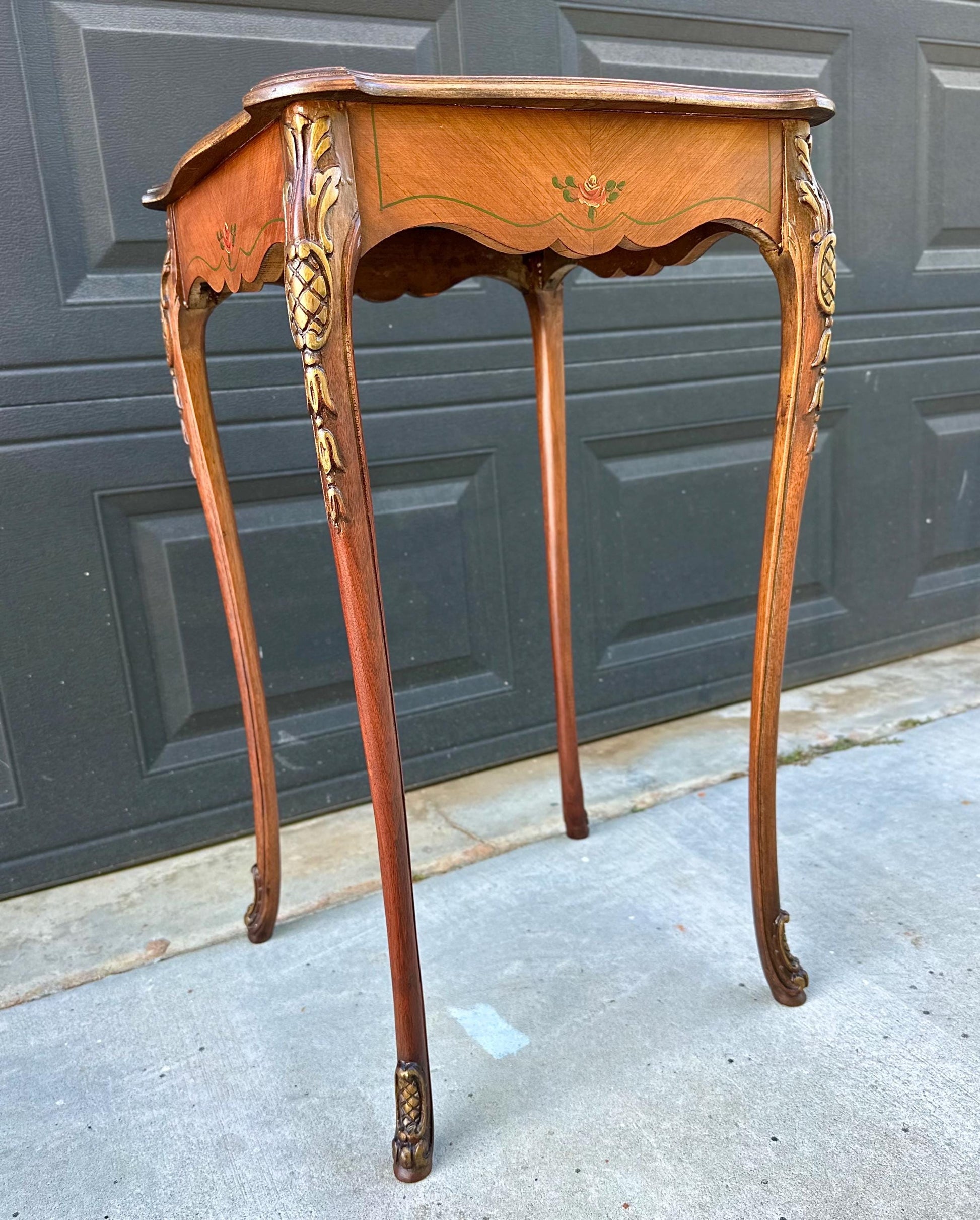 Antique Early 20th Century Hand Painted Floral French Louis XV Cherry Side Table 16" Wide