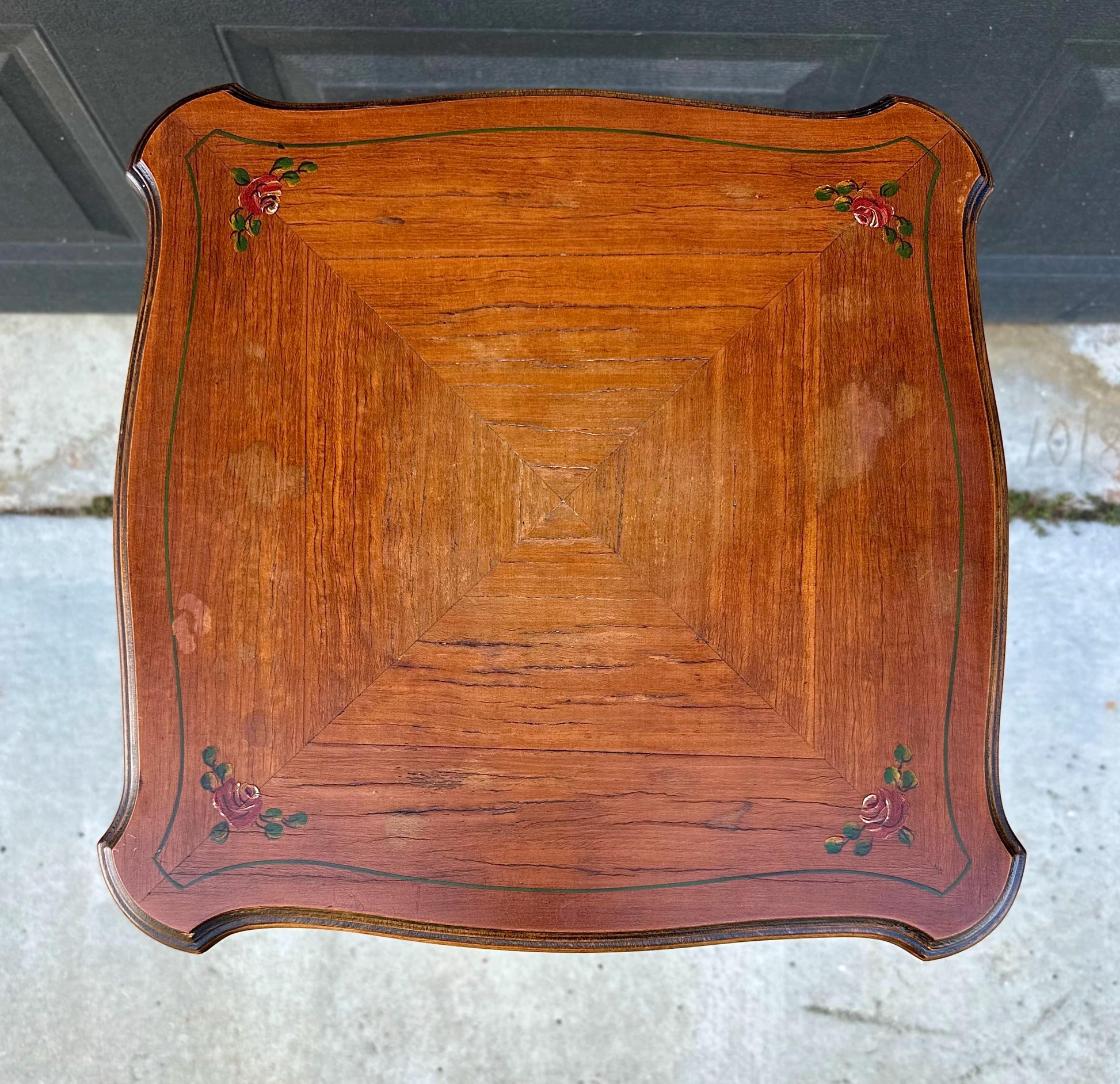 Antique Early 20th Century Hand Painted Floral French Louis XV Cherry Side Table 16" Wide