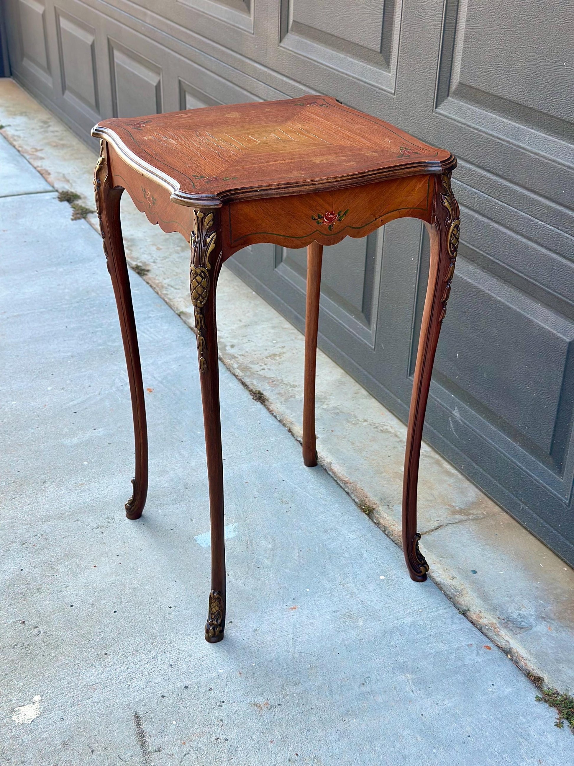 Antique Early 20th Century Hand Painted Floral French Louis XV Cherry Side Table 16" Wide