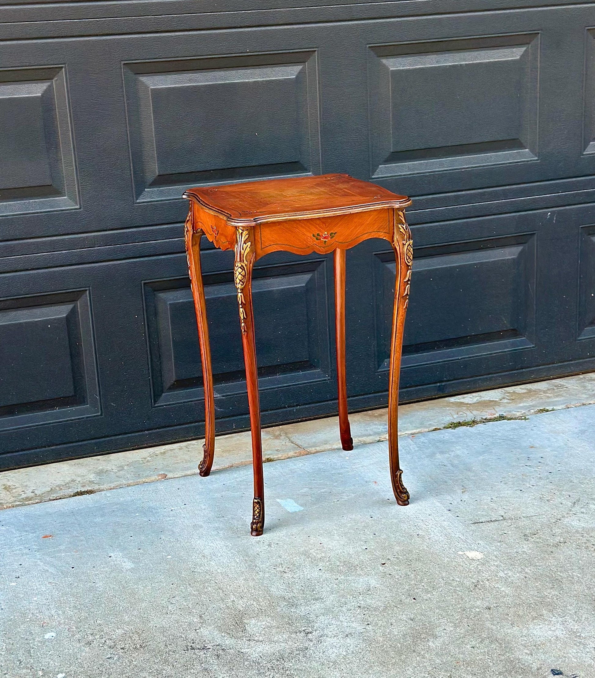 Antique Early 20th Century Hand Painted Floral French Louis XV Cherry Side Table 16" Wide