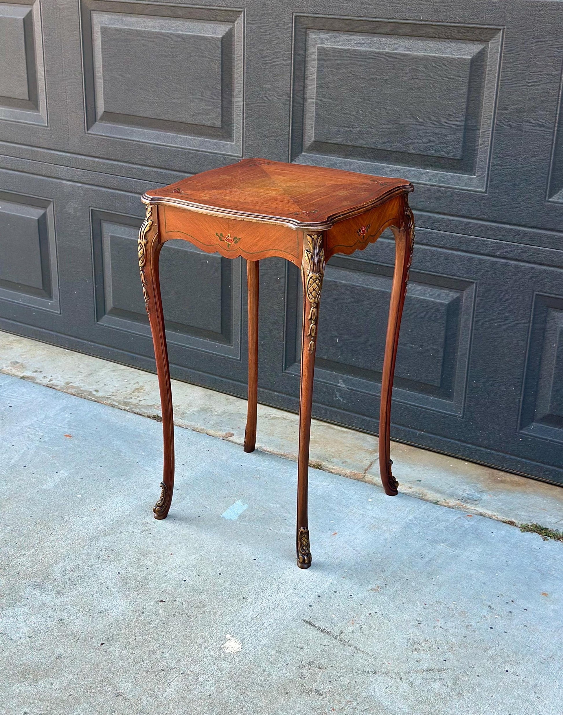 Antique Early 20th Century Hand Painted Floral French Louis XV Cherry Side Table 16" Wide