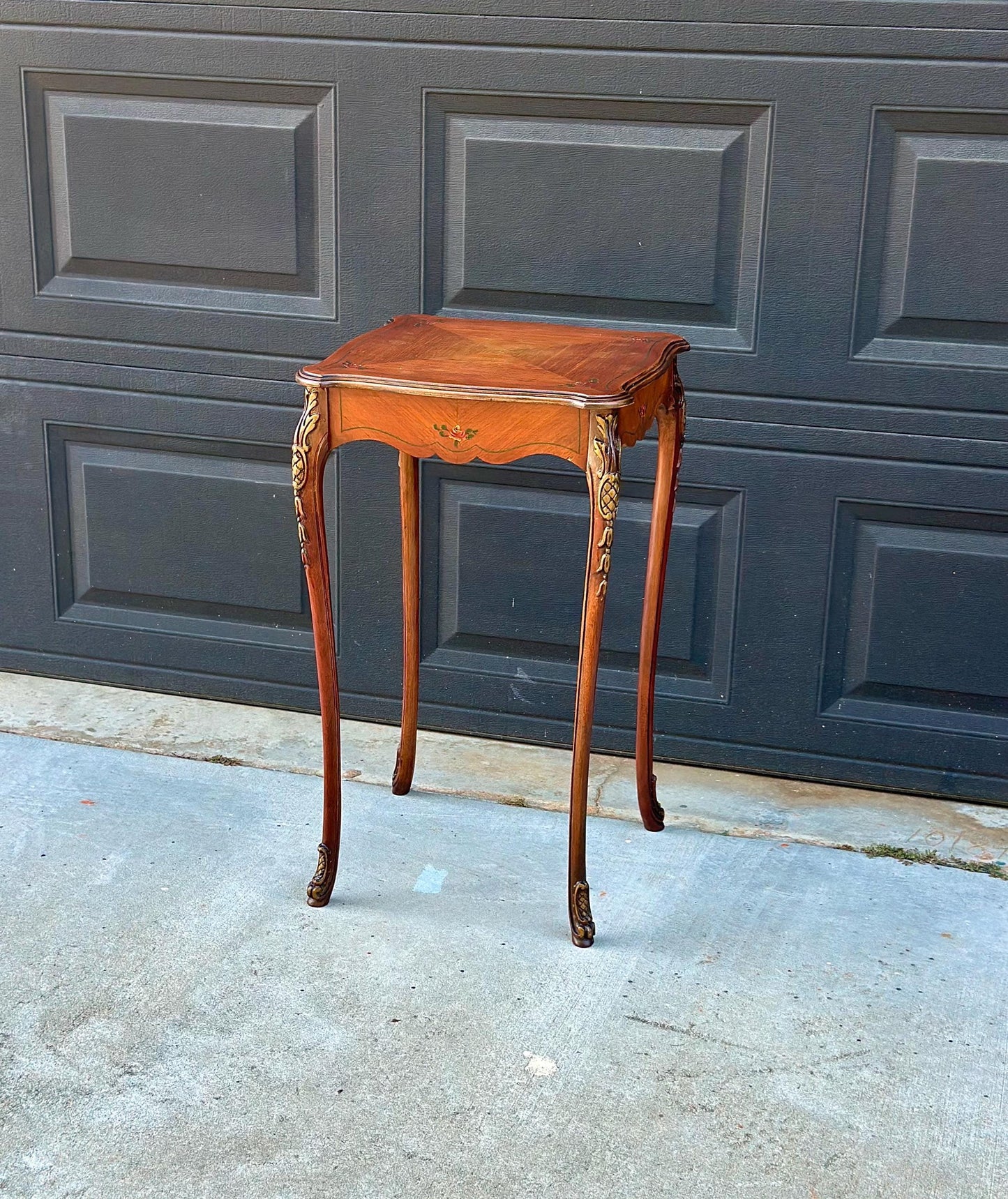 Antique Early 20th Century Hand Painted Floral French Louis XV Cherry Side Table 16" Wide