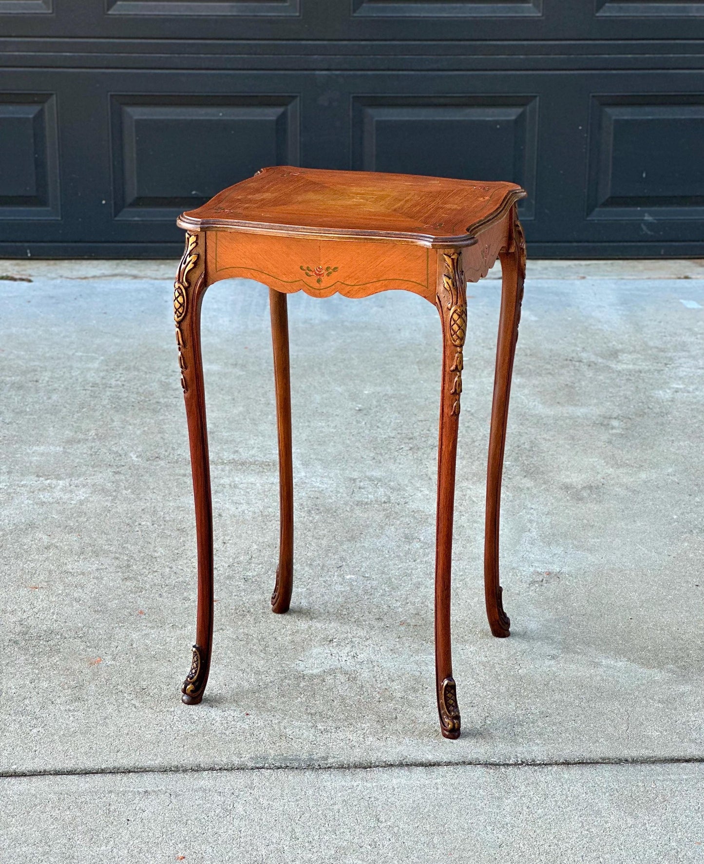 Antique Early 20th Century Hand Painted Floral French Louis XV Cherry Side Table 16" Wide