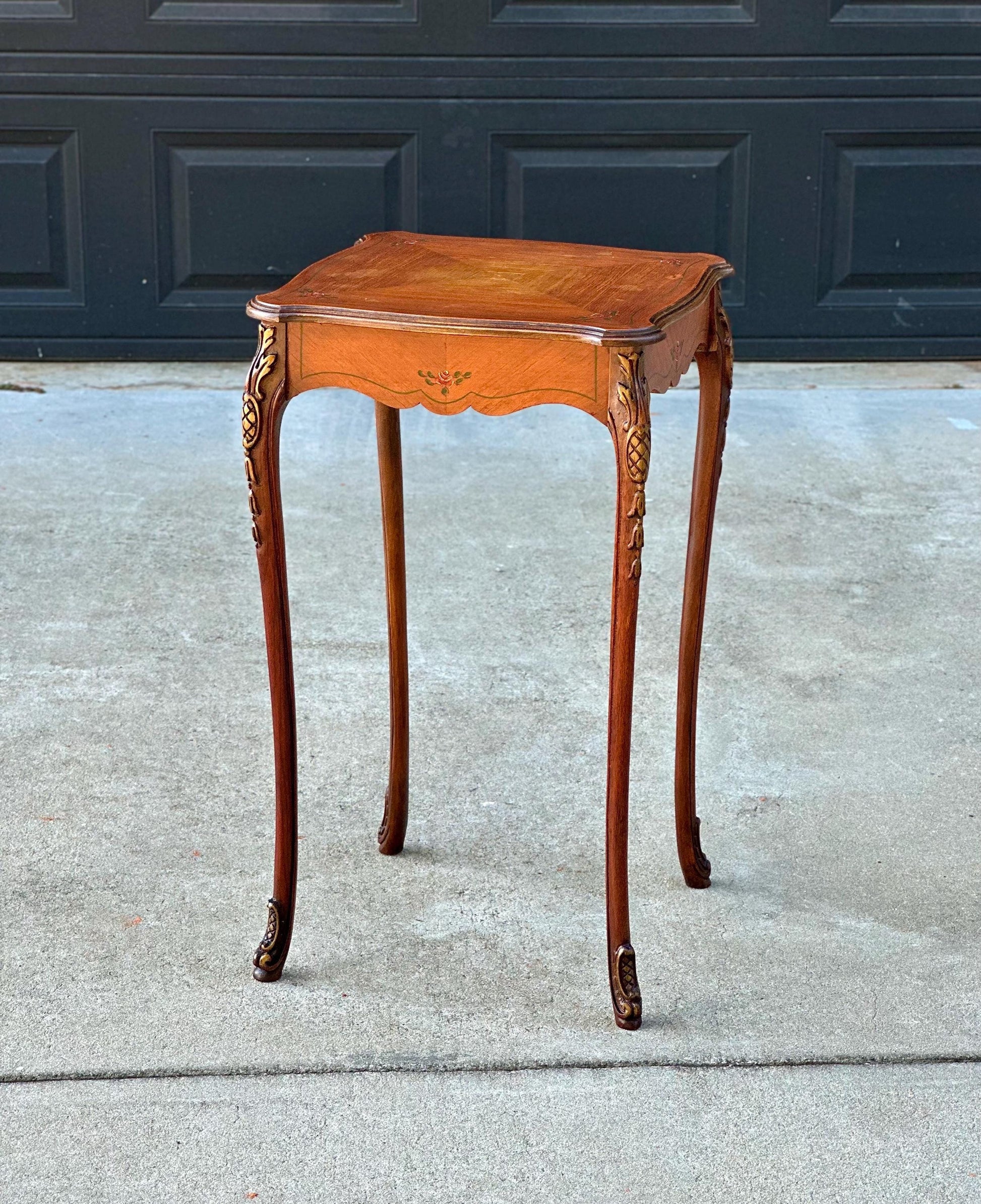 Antique Early 20th Century Hand Painted Floral French Louis XV Cherry Side Table 16" Wide