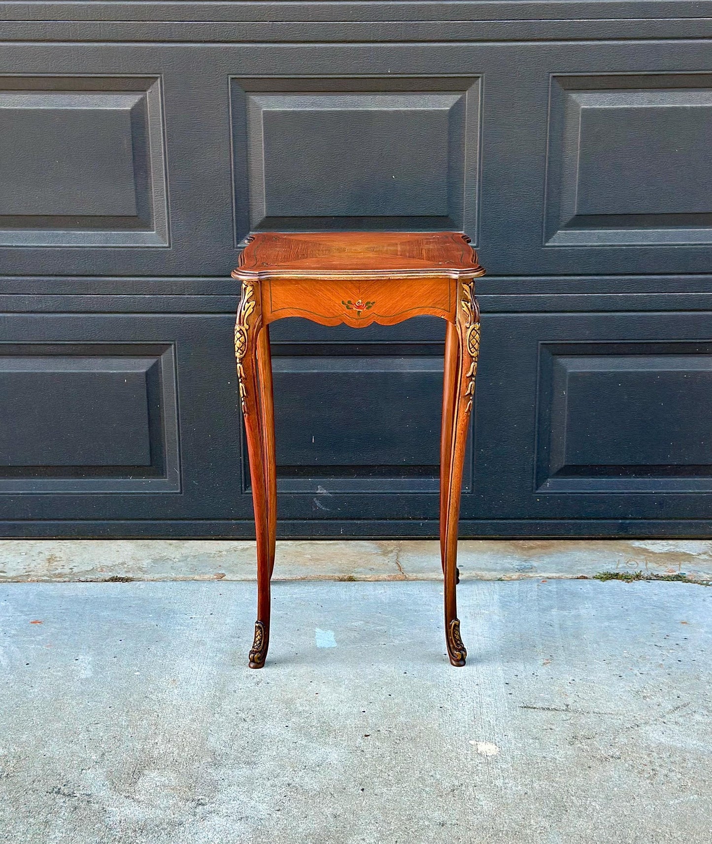 Antique Early 20th Century Hand Painted Floral French Louis XV Cherry Side Table 16" Wide