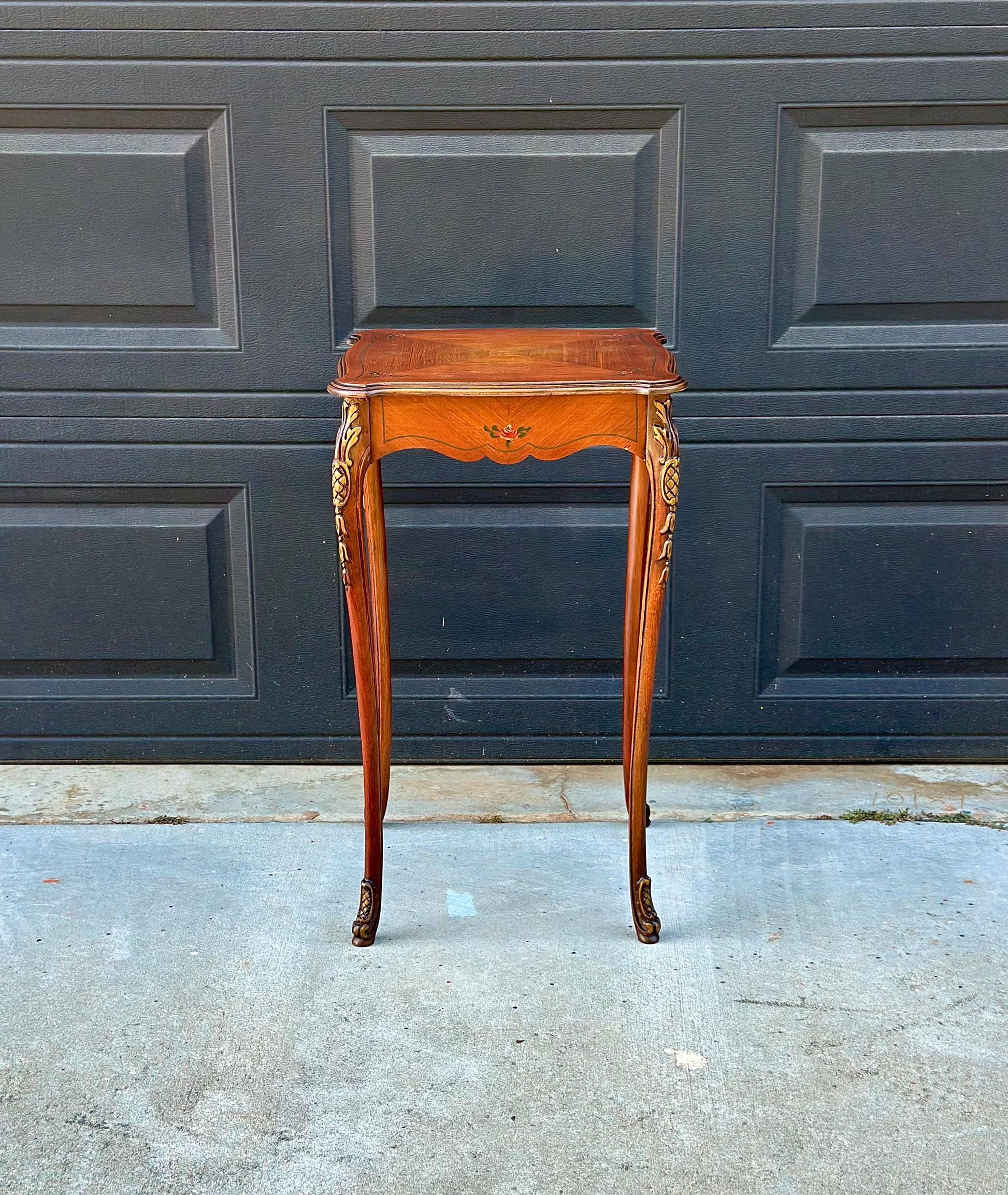 Antique Early 20th Century Hand Painted Floral French Louis XV Cherry Side Table 16" Wide