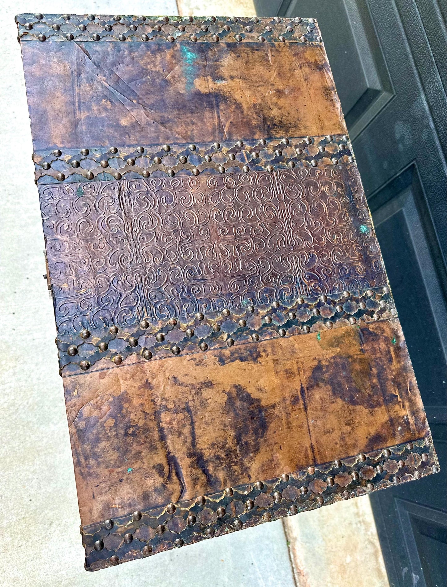 Vintage Mid 20th Century Velvet Lined Brass Studded Asian Trunk Storage Accent Table 26" Wide