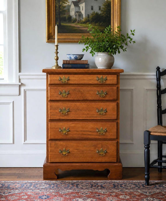 Vintage Mid 20th Century Solid Wood Five Drawer Cherry Nightstand Accent Storage Chest