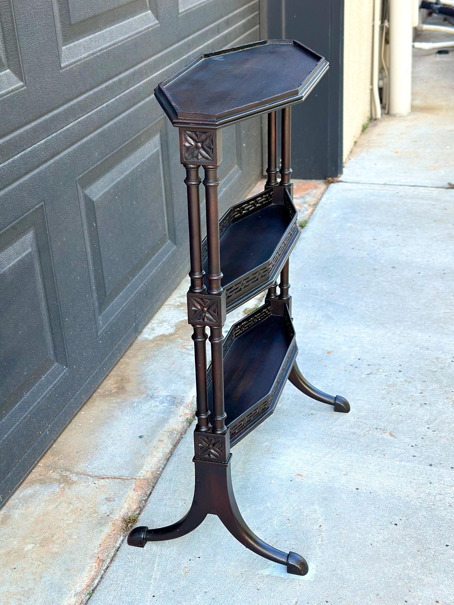 Vintage Mid 20th Century Multi Tier Fretwork Display Shelf Solid Wood Accent Table 19" Wide