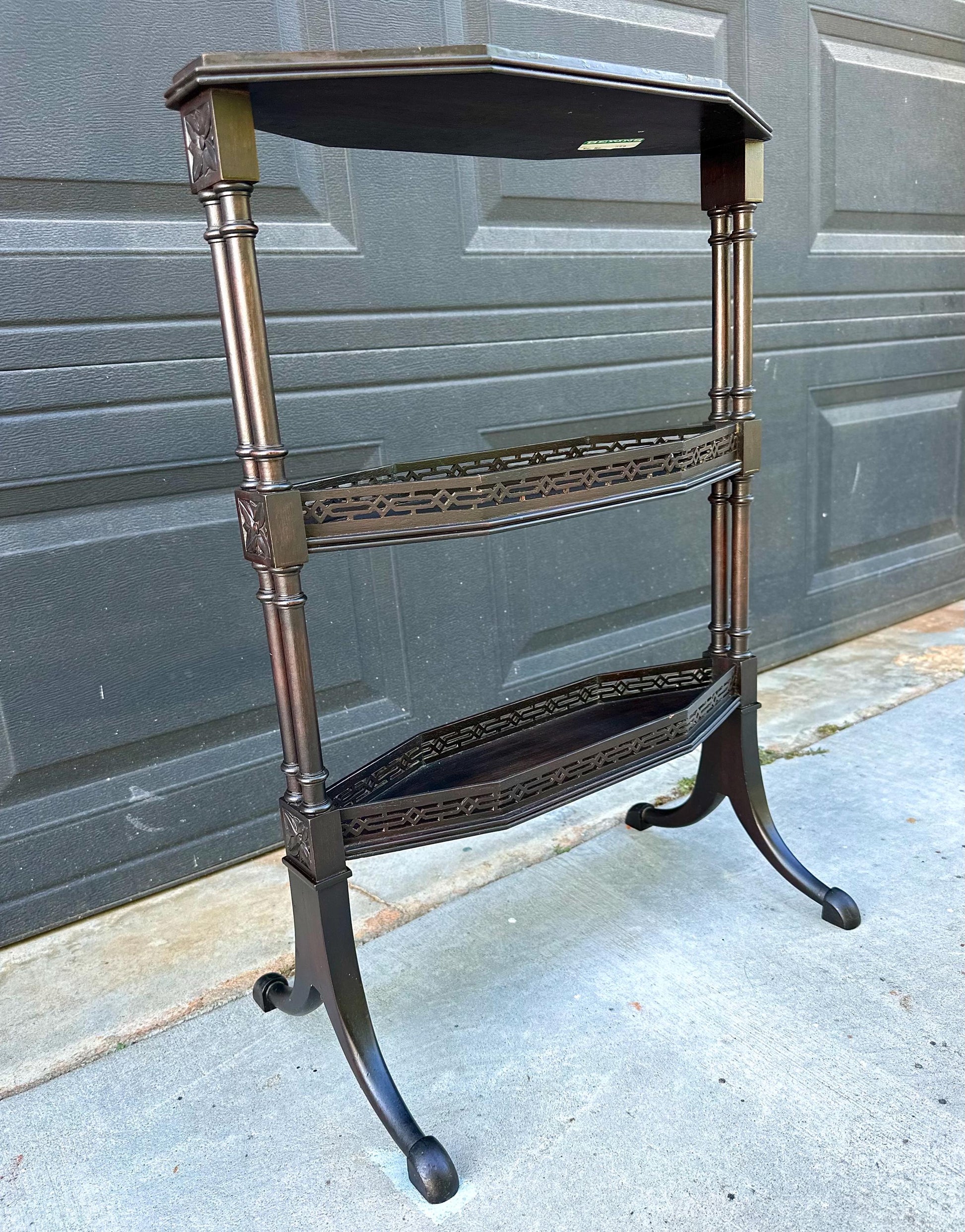 Vintage Mid 20th Century Multi Tier Fretwork Display Shelf Solid Wood Accent Table 19" Wide