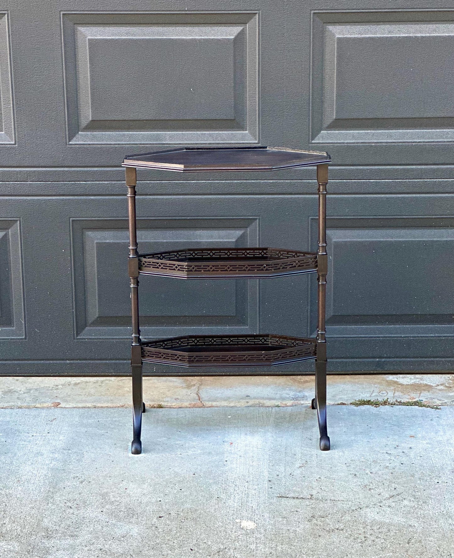 Vintage Mid 20th Century Multi Tier Fretwork Display Shelf Solid Wood Accent Table 19" Wide