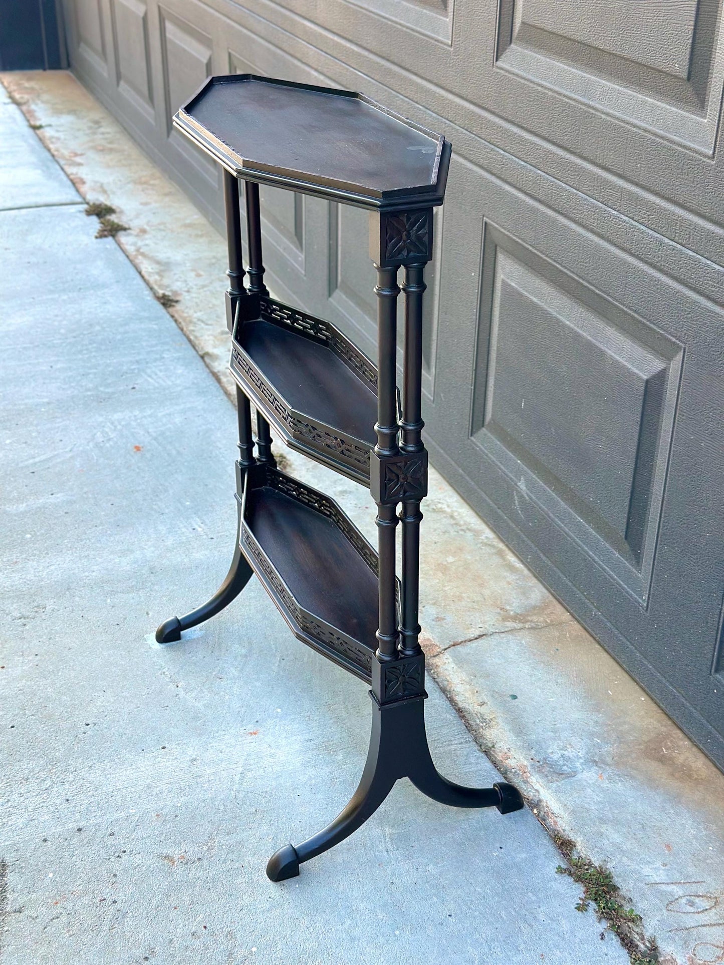 Vintage Mid 20th Century Multi Tier Fretwork Display Shelf Solid Wood Accent Table 19" Wide