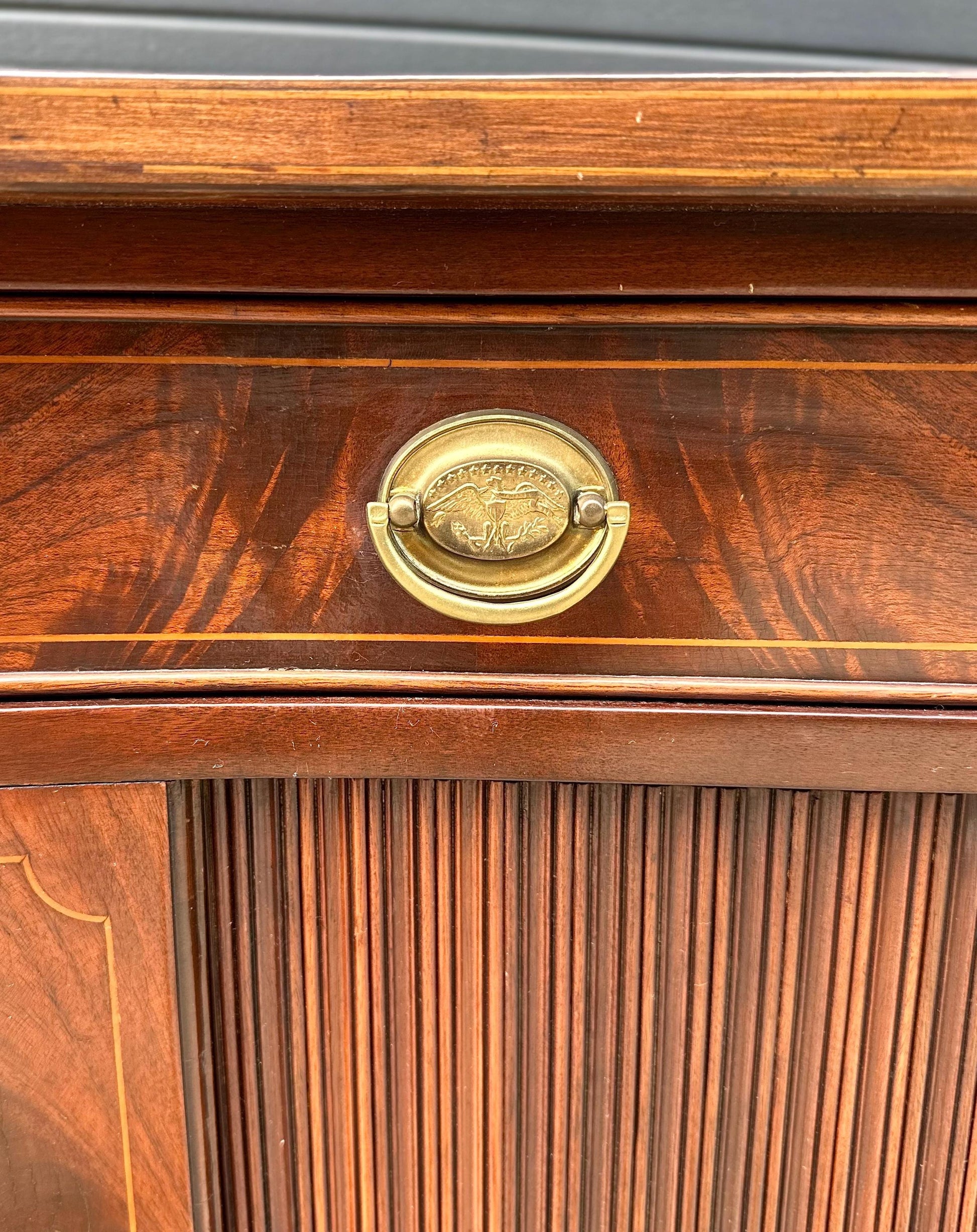 Vintage Mid 20th Century Crotch Mahogany Bowfront Tambour Console Cabinet with Drawer Storage 42" Wide